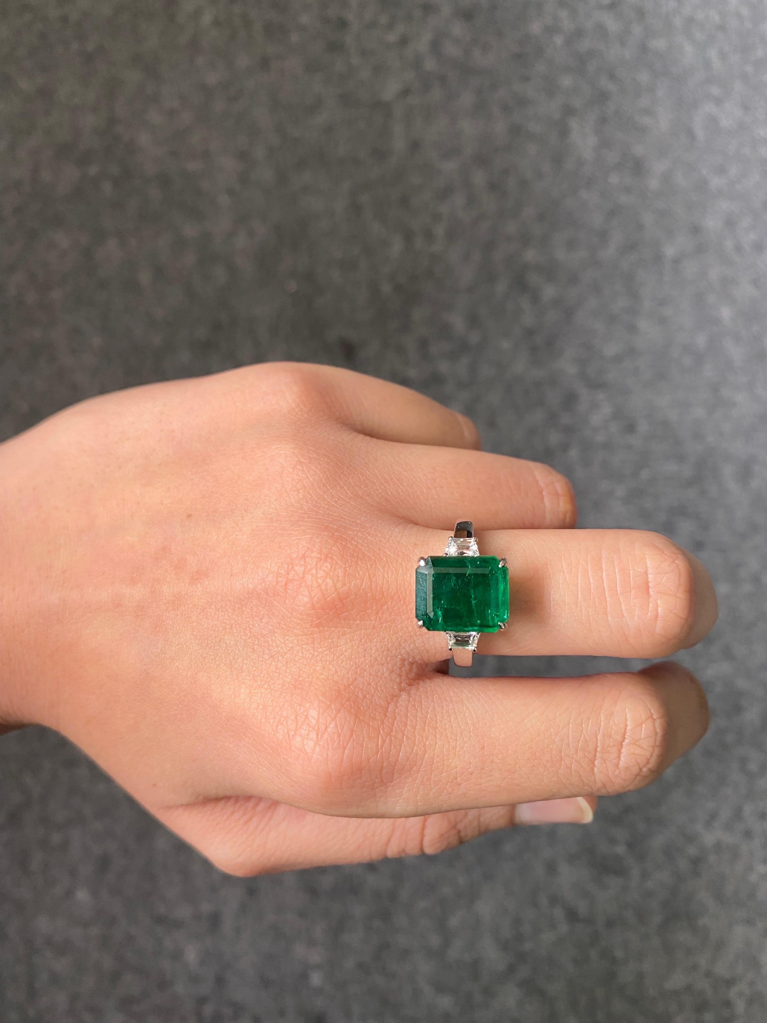 Emerald Cut Certified 3.90 Carat Emerald and Diamond Three Stone Engagement Ring