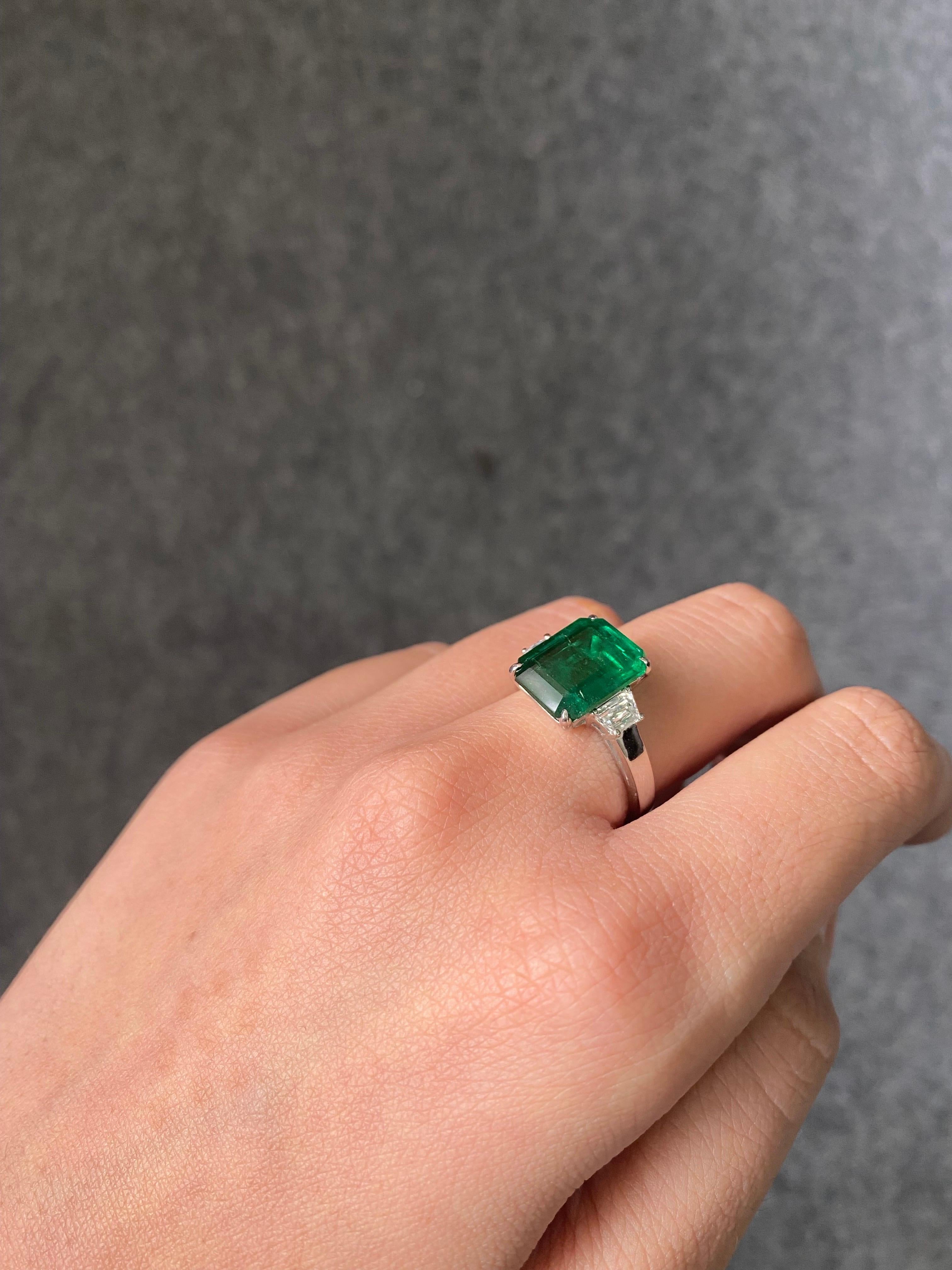 Certified 3.90 Carat Emerald and Diamond Three Stone Engagement Ring 1