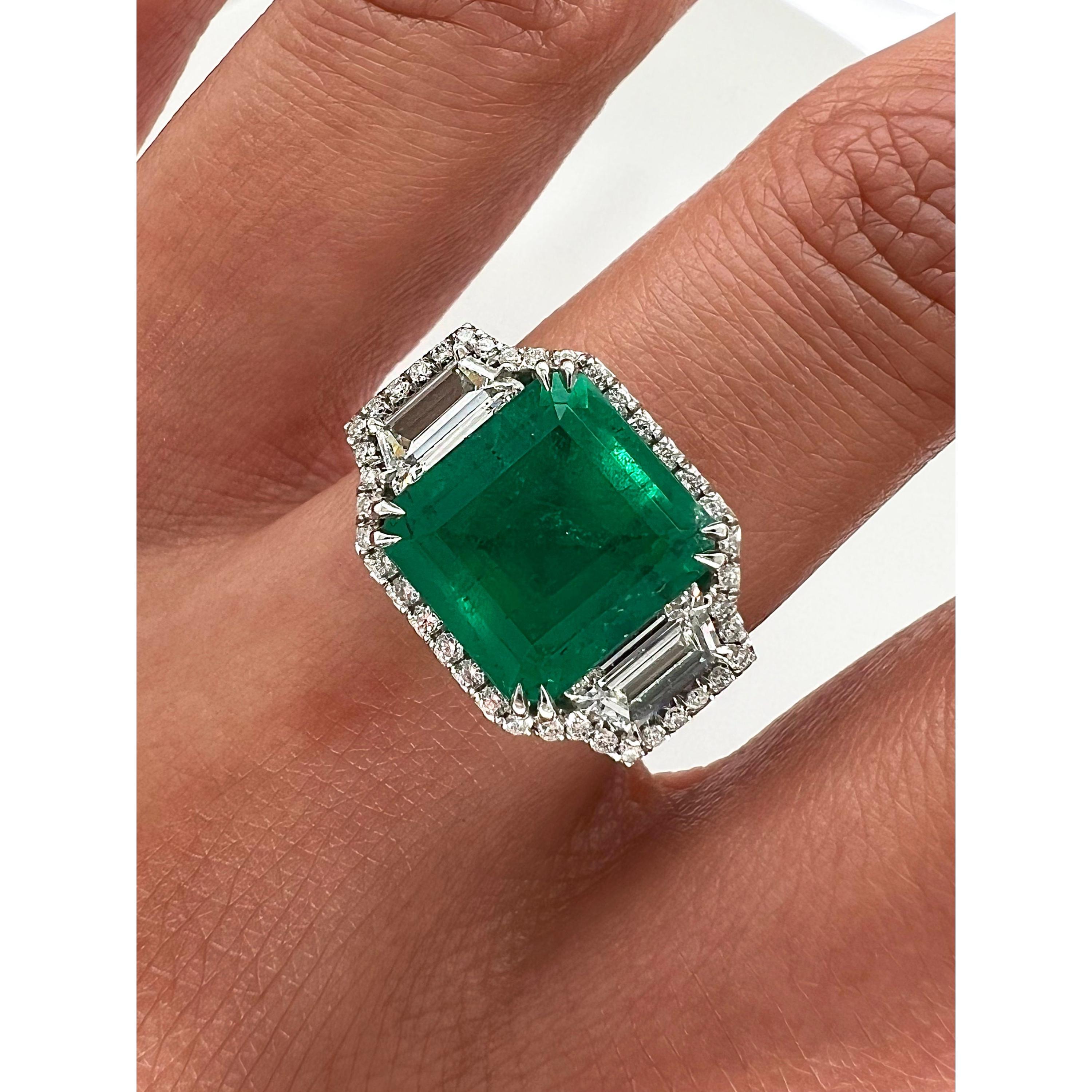 Emerald Cut Certified 3.91 Carat Natural Emerald Diamond Cocktail Ring Unique Diamond Ring For Sale