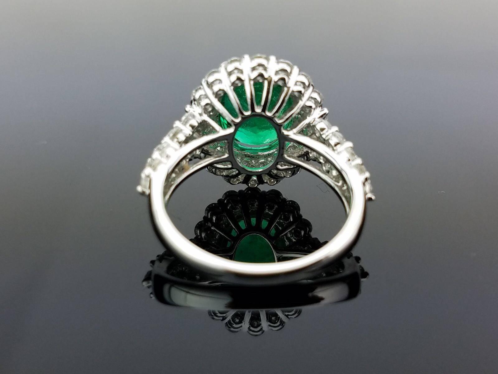 Art Deco Certified 3.91 Carat Oval Emerald and Diamond Cocktail Ring For Sale