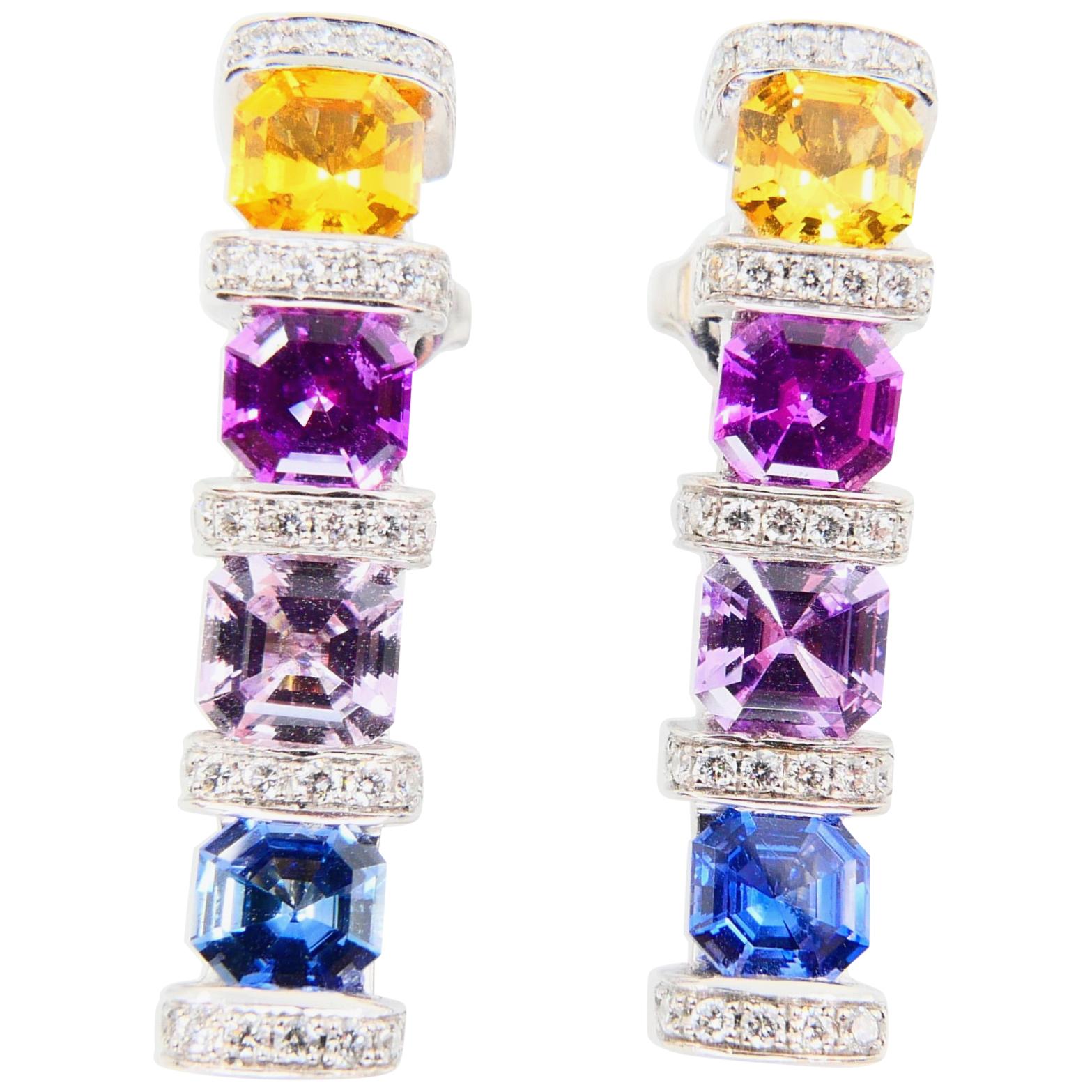 Certified 3.92 Carat Asscher Cut Multi Vivid Color Sapphire & Diamond Earrings