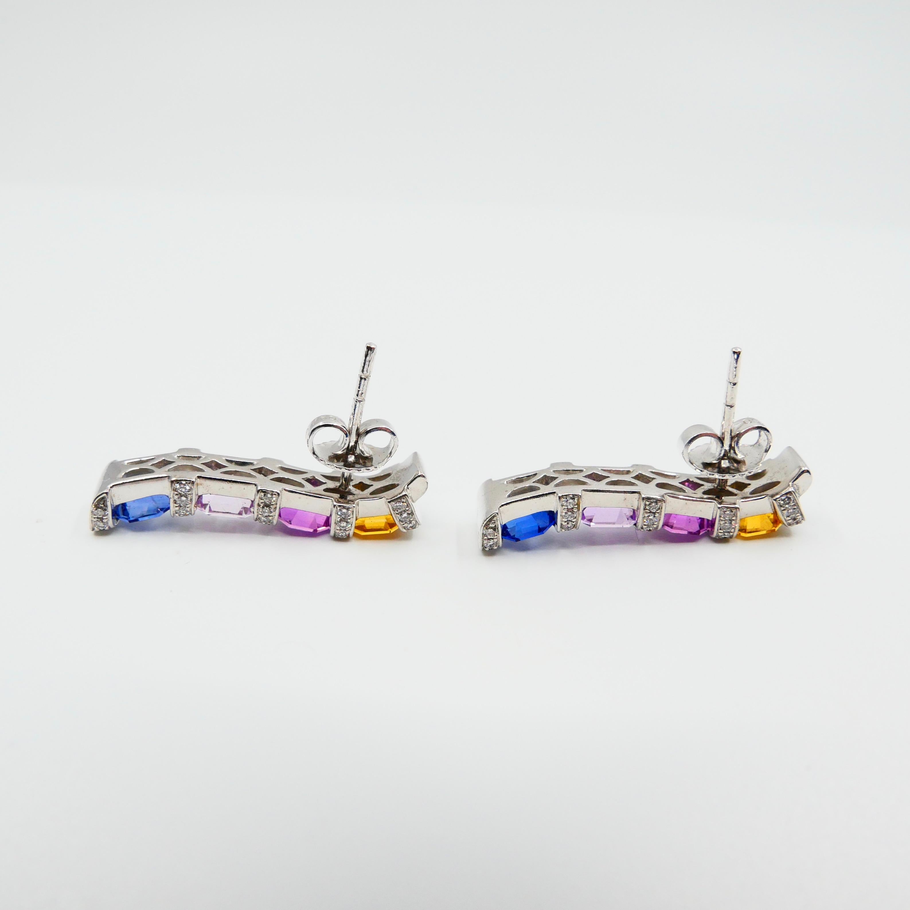 Certified 3.92 Carat Asscher Cut Multi Vivid Color Sapphire & Diamond Earrings For Sale 9