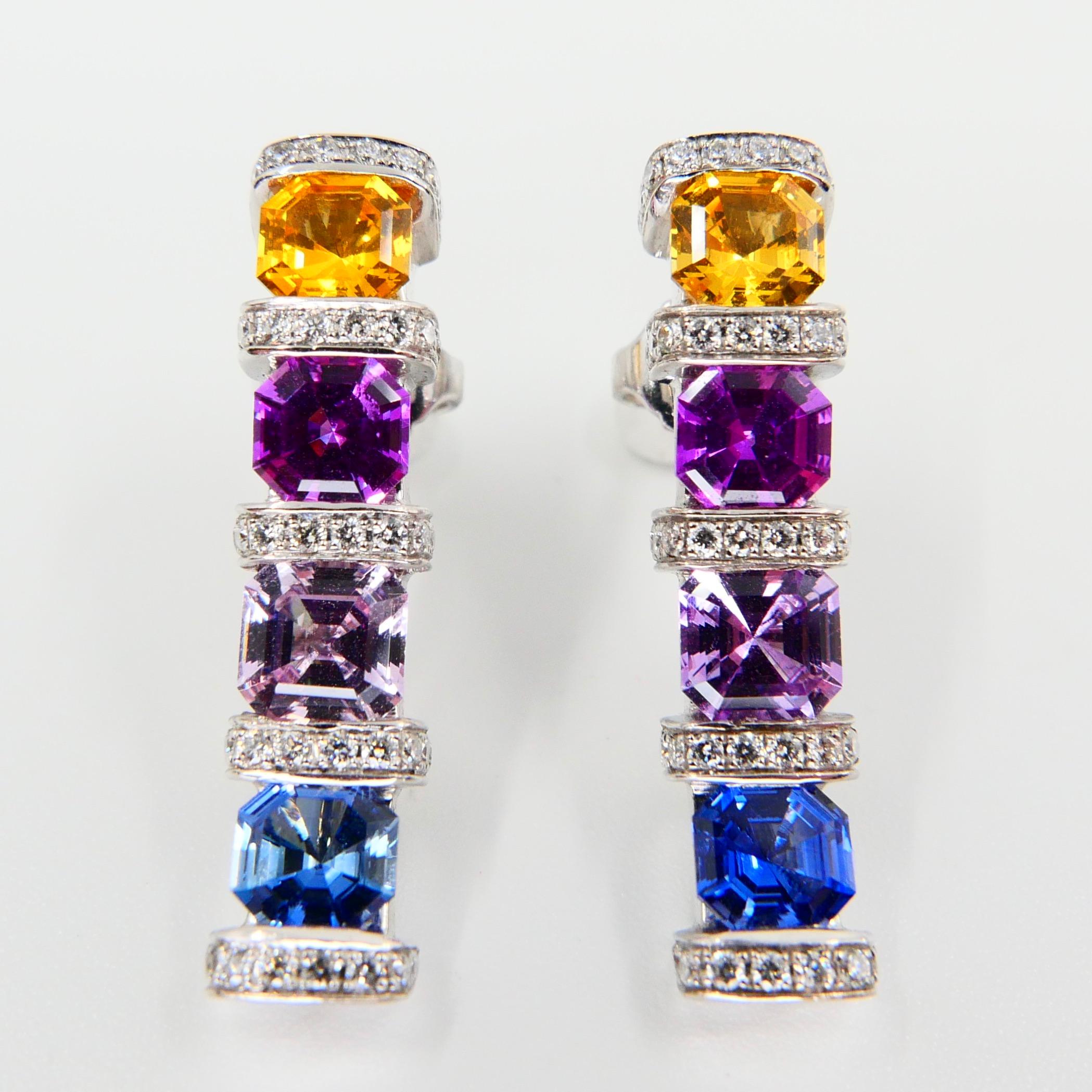 Women's Certified 3.92 Carat Asscher Cut Multi Vivid Color Sapphire & Diamond Earrings For Sale