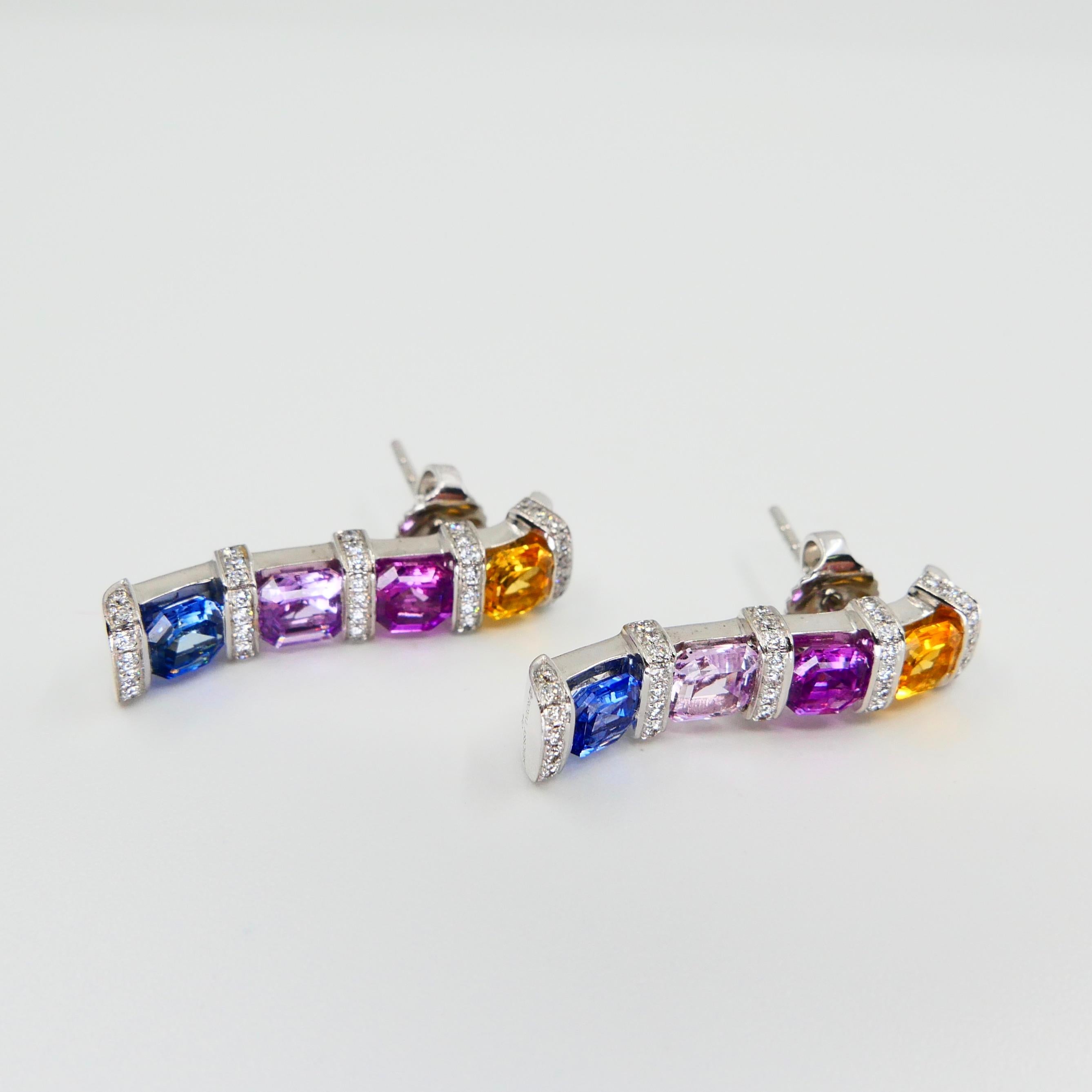 Certified 3.92 Carat Asscher Cut Multi Vivid Color Sapphire & Diamond Earrings For Sale 1