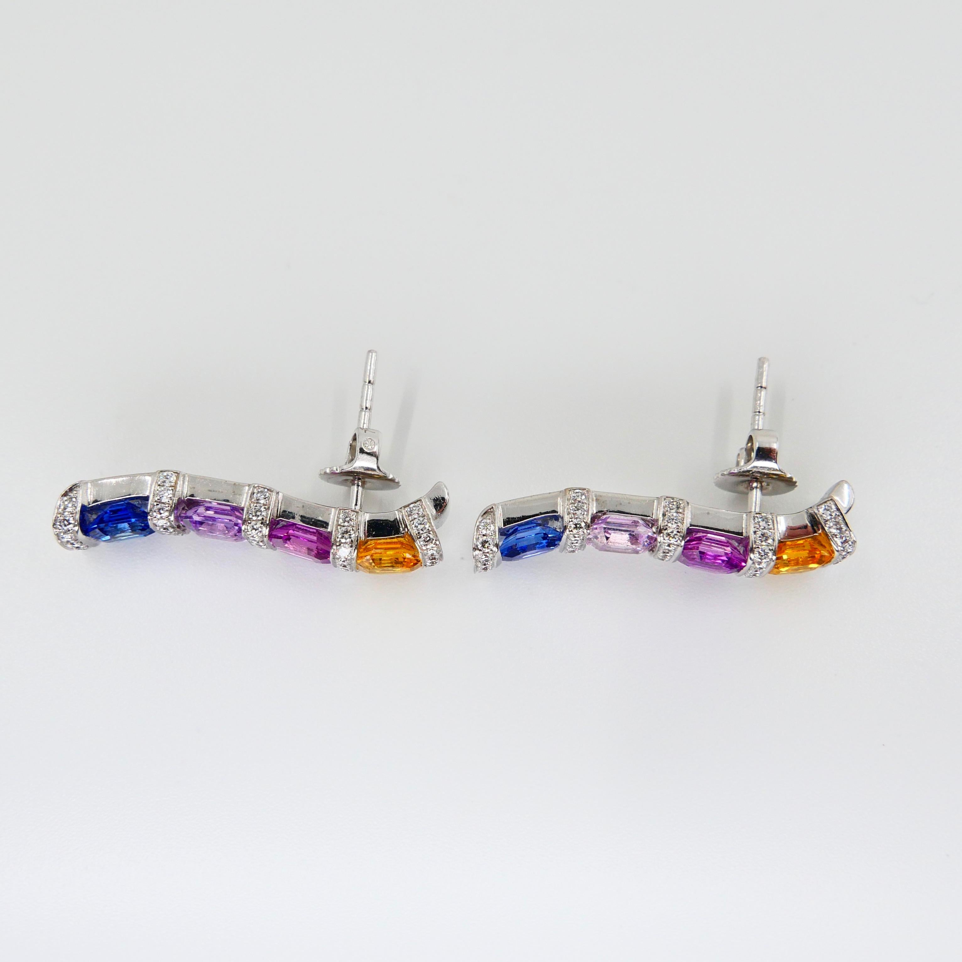 Certified 3.92 Carat Asscher Cut Multi Vivid Color Sapphire & Diamond Earrings For Sale 2