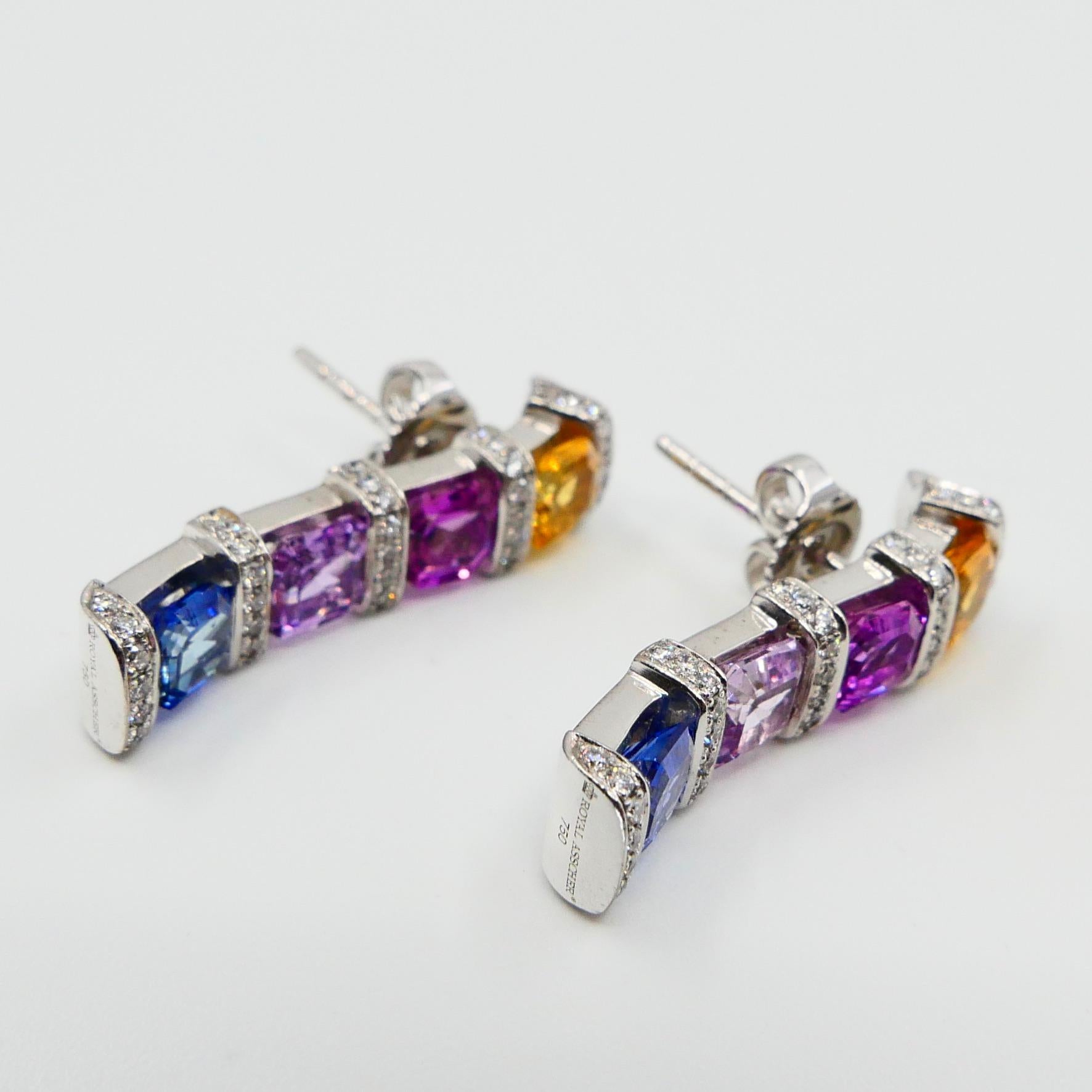 Certified 3.92 Carat Asscher Cut Multi Vivid Color Sapphire & Diamond Earrings For Sale 3