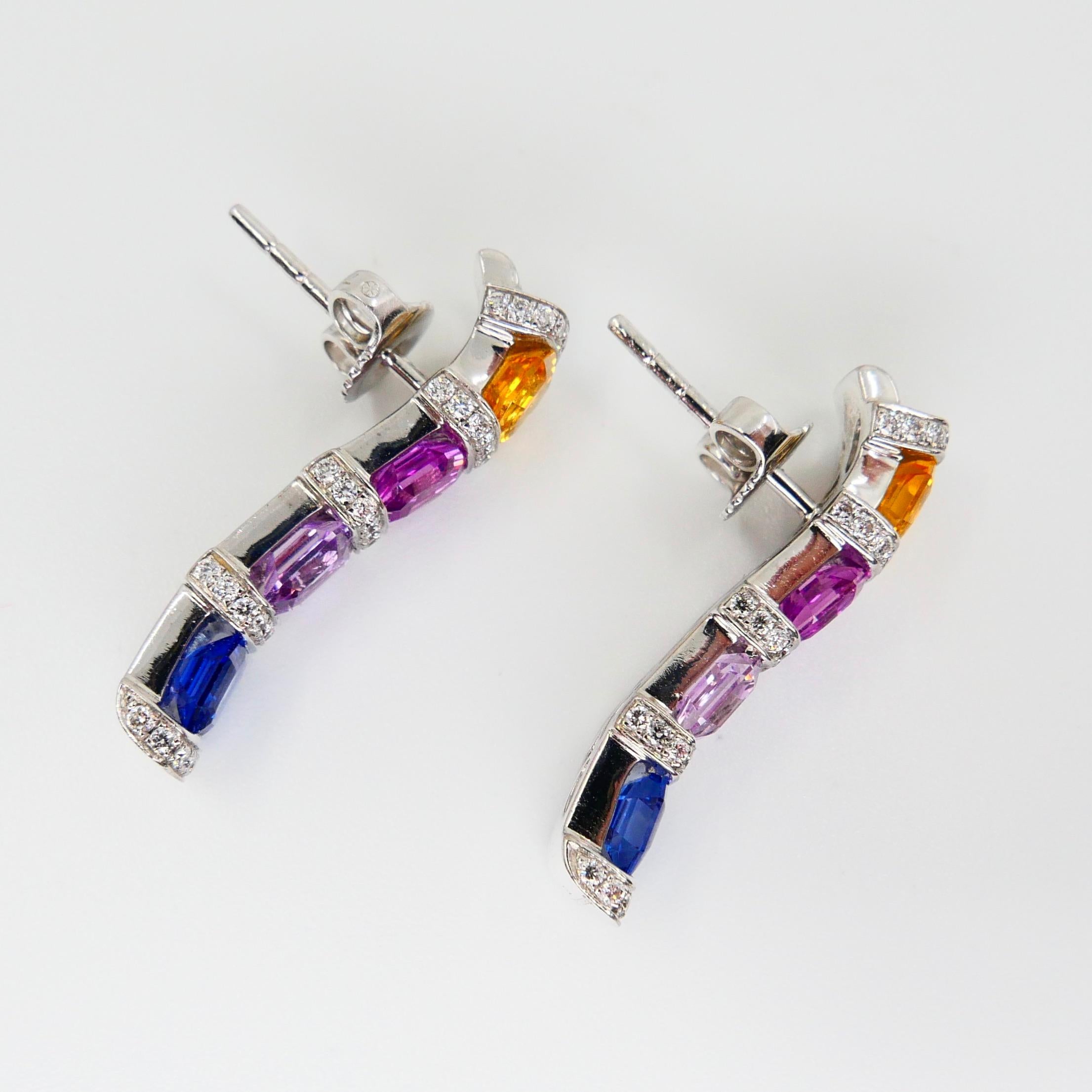Certified 3.92 Carat Asscher Cut Multi Vivid Color Sapphire & Diamond Earrings For Sale 4