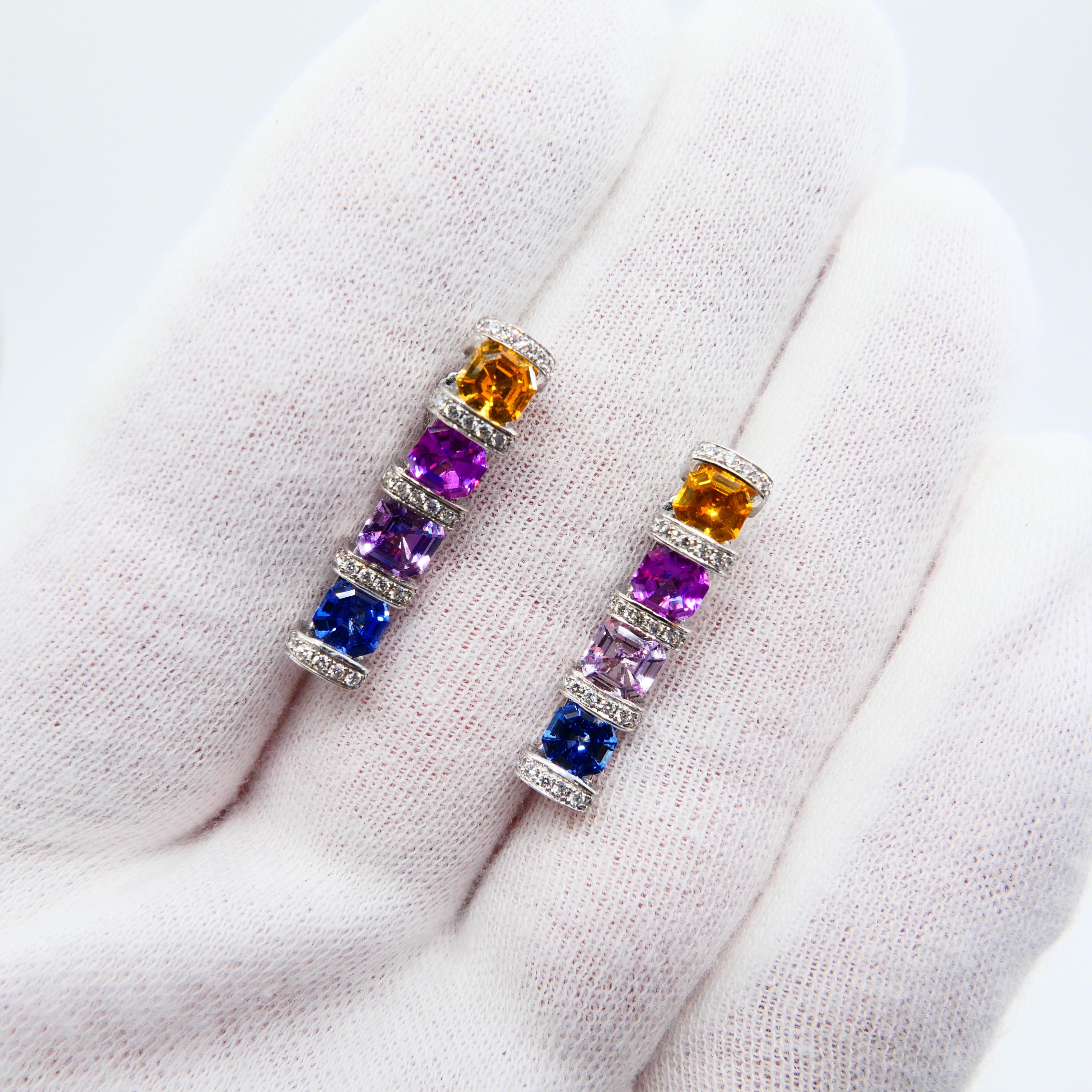 Certified 3.92 Carat Asscher Cut Multi Vivid Color Sapphire & Diamond Earrings In New Condition For Sale In Hong Kong, HK