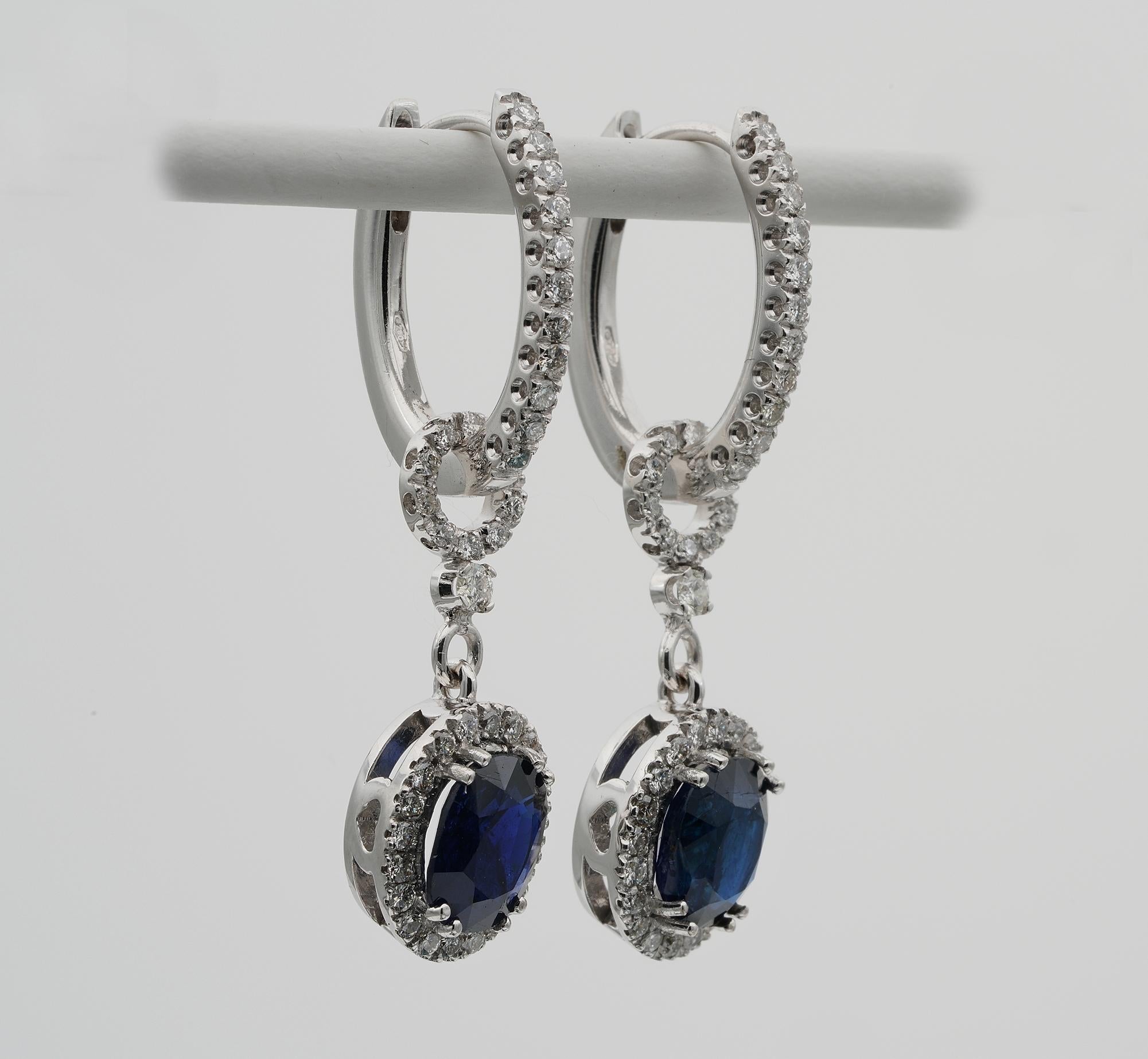 Contemporary Certified 3.98 Ct. Burma No Heat Blue Sapphire 1.40 Ct Diamond Night & Day Ears For Sale