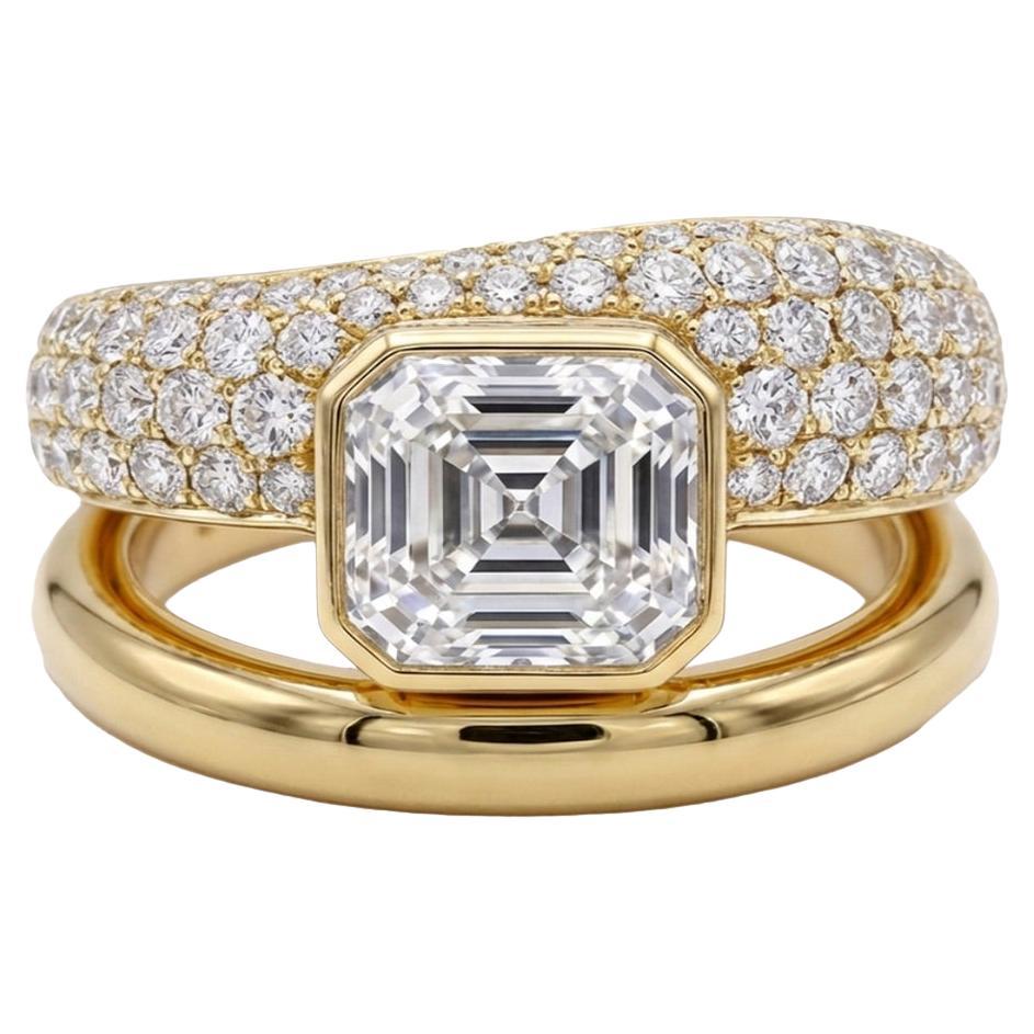 Certified 3ct white sapphire ring with round diamonds in 18k Yellow Gold