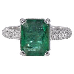 Certified 4 Carat Emerald Diamond Engagement Ring, Antique Emerald Wedding Band