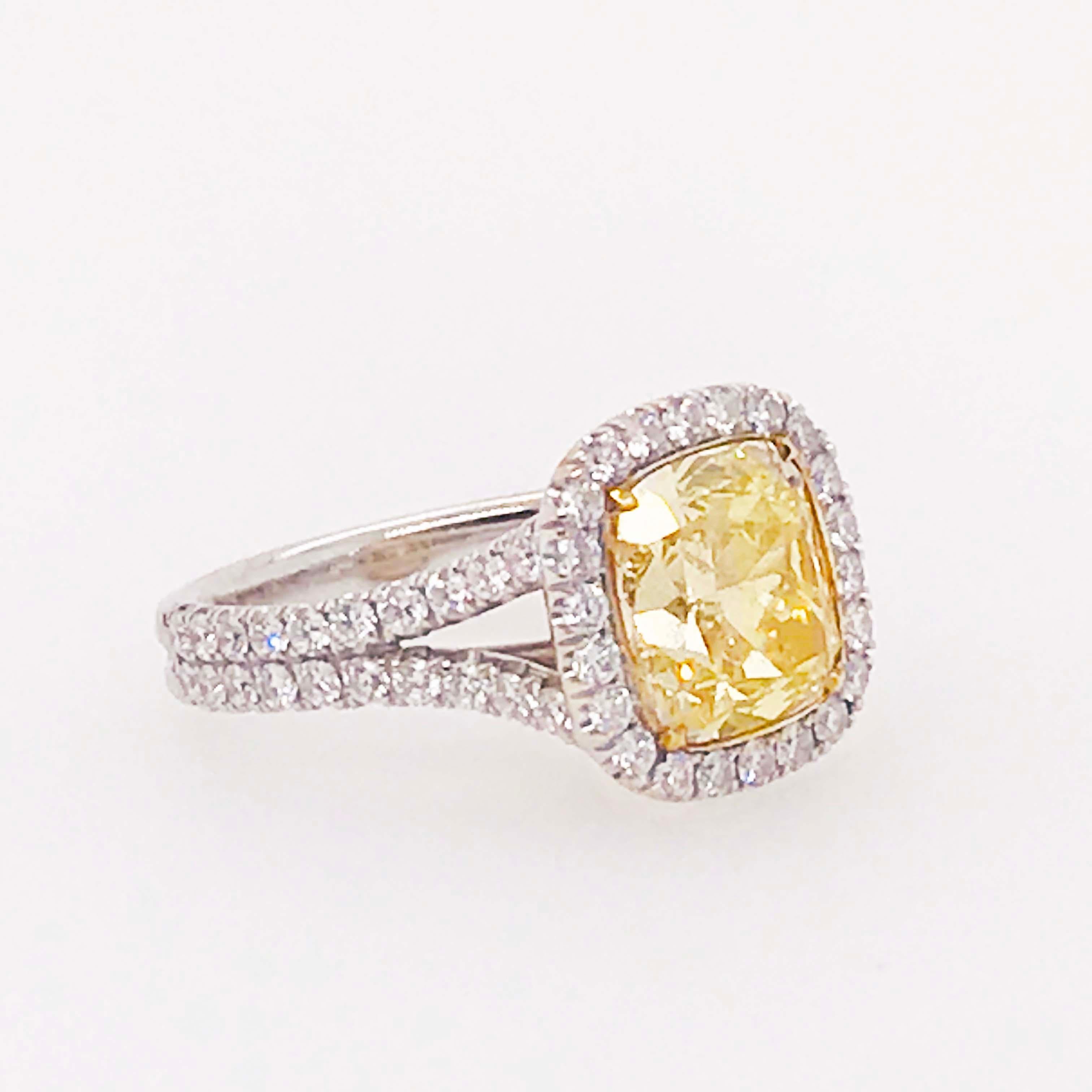 Certified 4 Carat Fancy Yellow Diamond and White Diamond Halo 18 Karat Ring 1