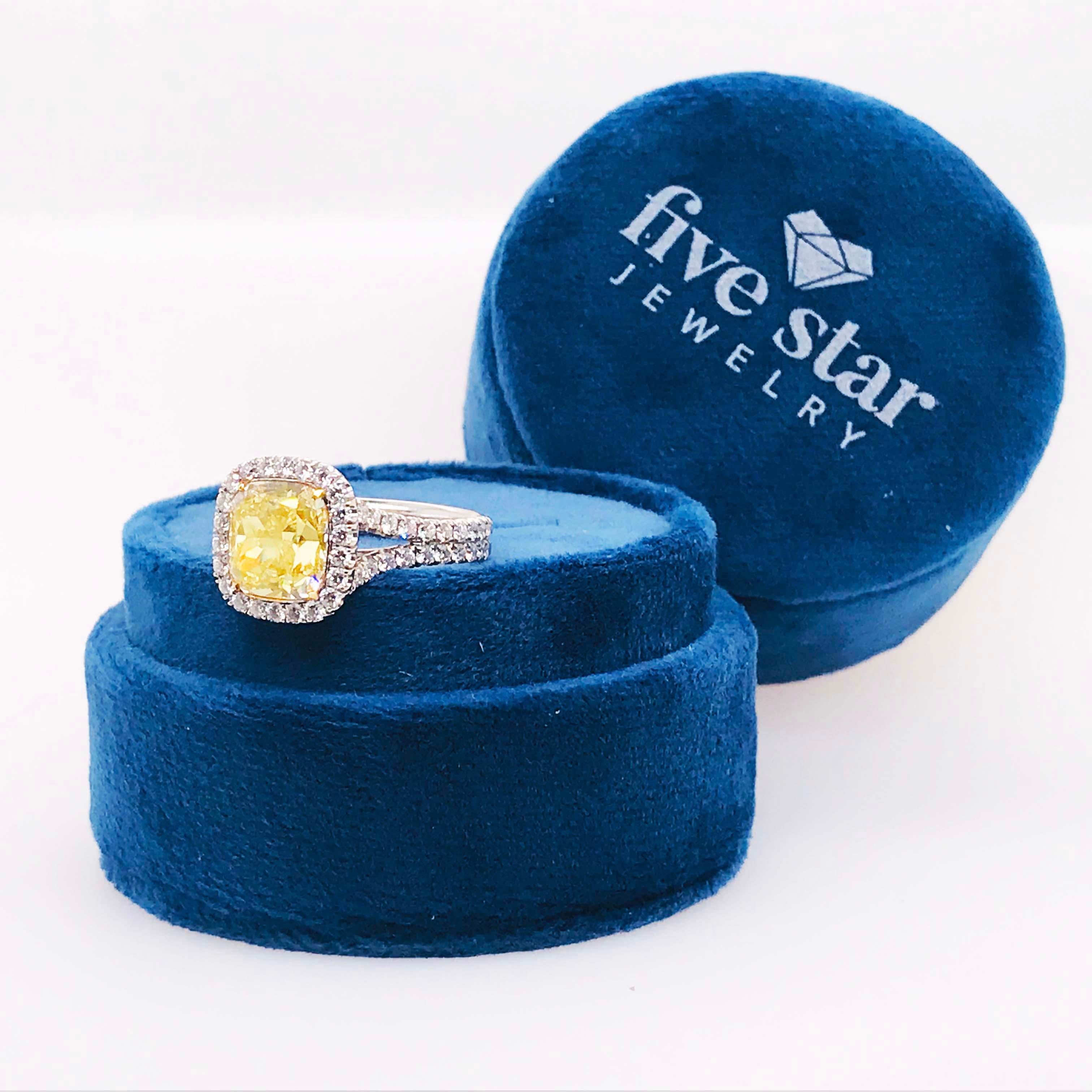 Certified 4 Carat Fancy Yellow Diamond and White Diamond Halo 18 Karat Ring 3