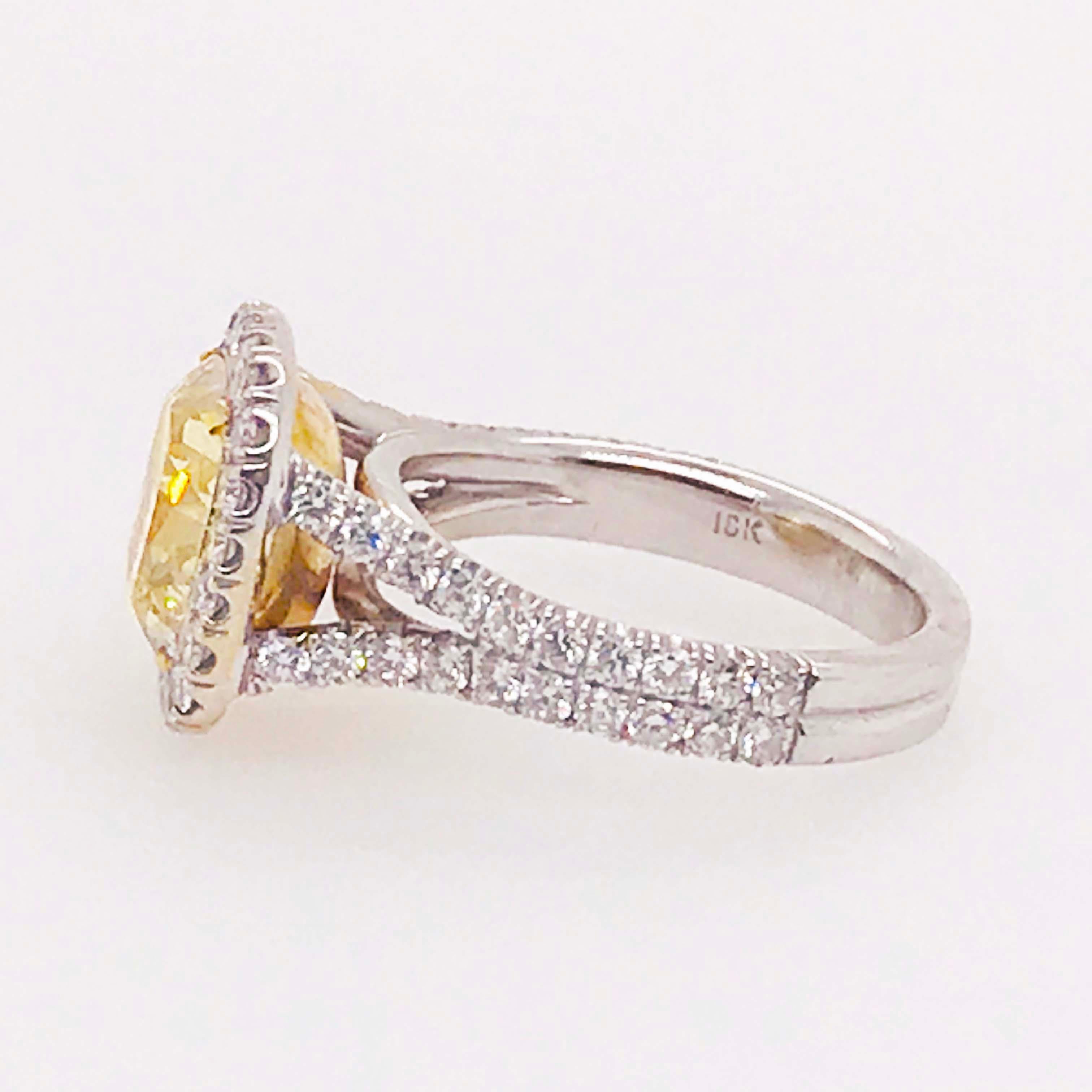 Certified 4 Carat Fancy Yellow Diamond and White Diamond Halo 18 Karat Ring In New Condition In Austin, TX
