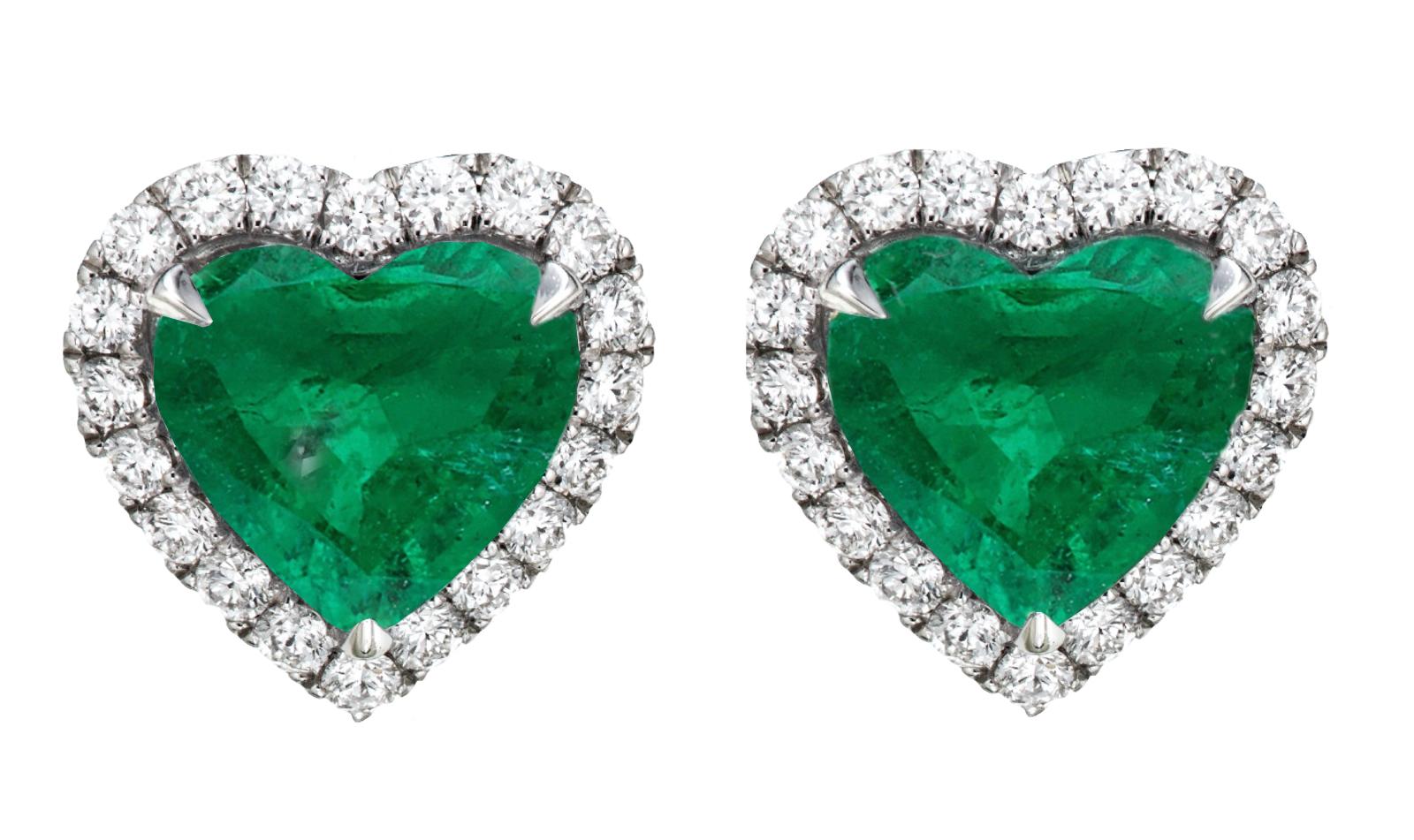 Art Deco Certified 4 Carat Heart Shape Green Emerald Studs For Sale