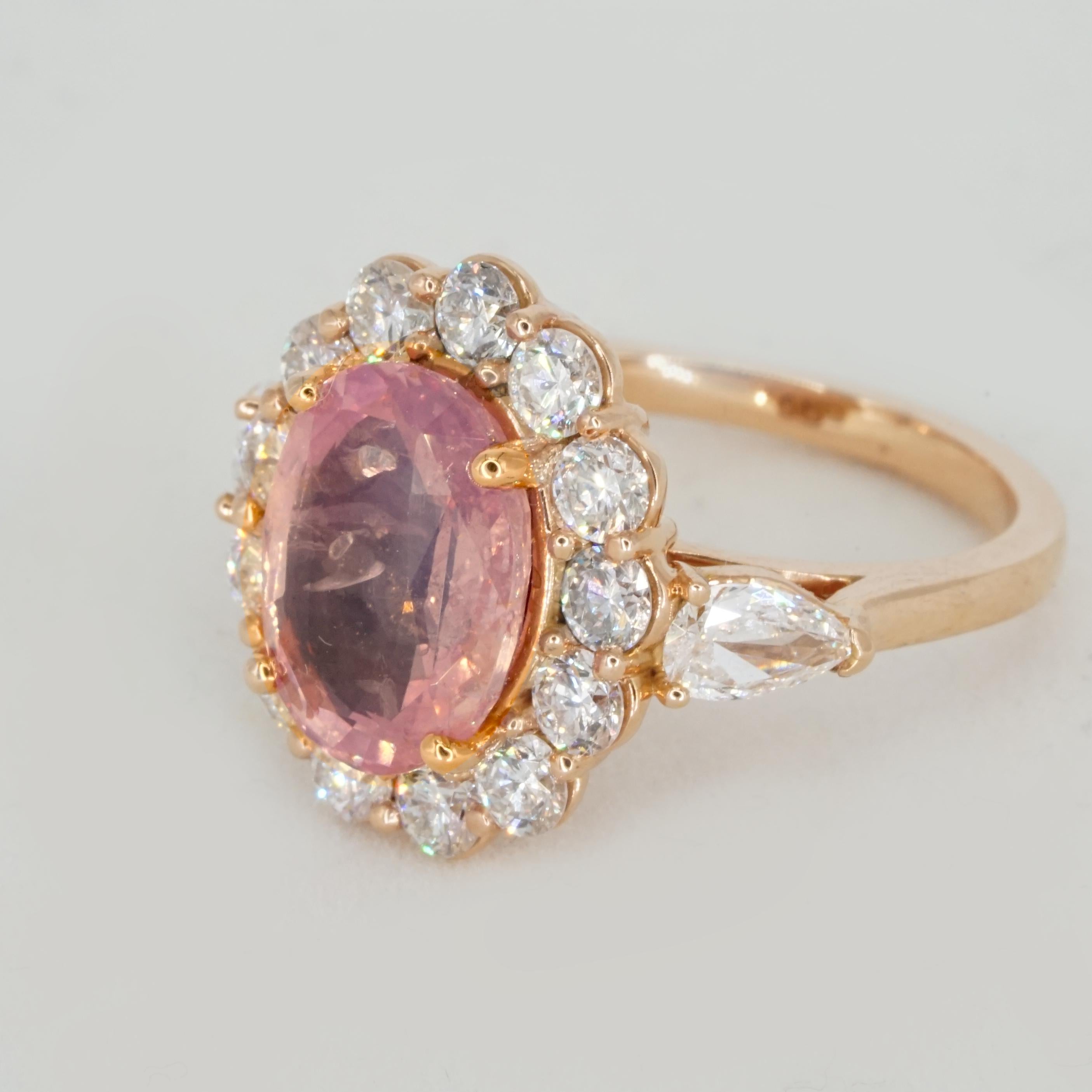 IGI Certified 4.02 Carat Padparadscha Sapphire Ring with Diamond Halo in 18K Rose Gold

Discover the allure of rarity with this breathtaking Padparadscha sapphire ring, an exclusive creation by Antinori di Sanpietro. This extraordinary piece centers