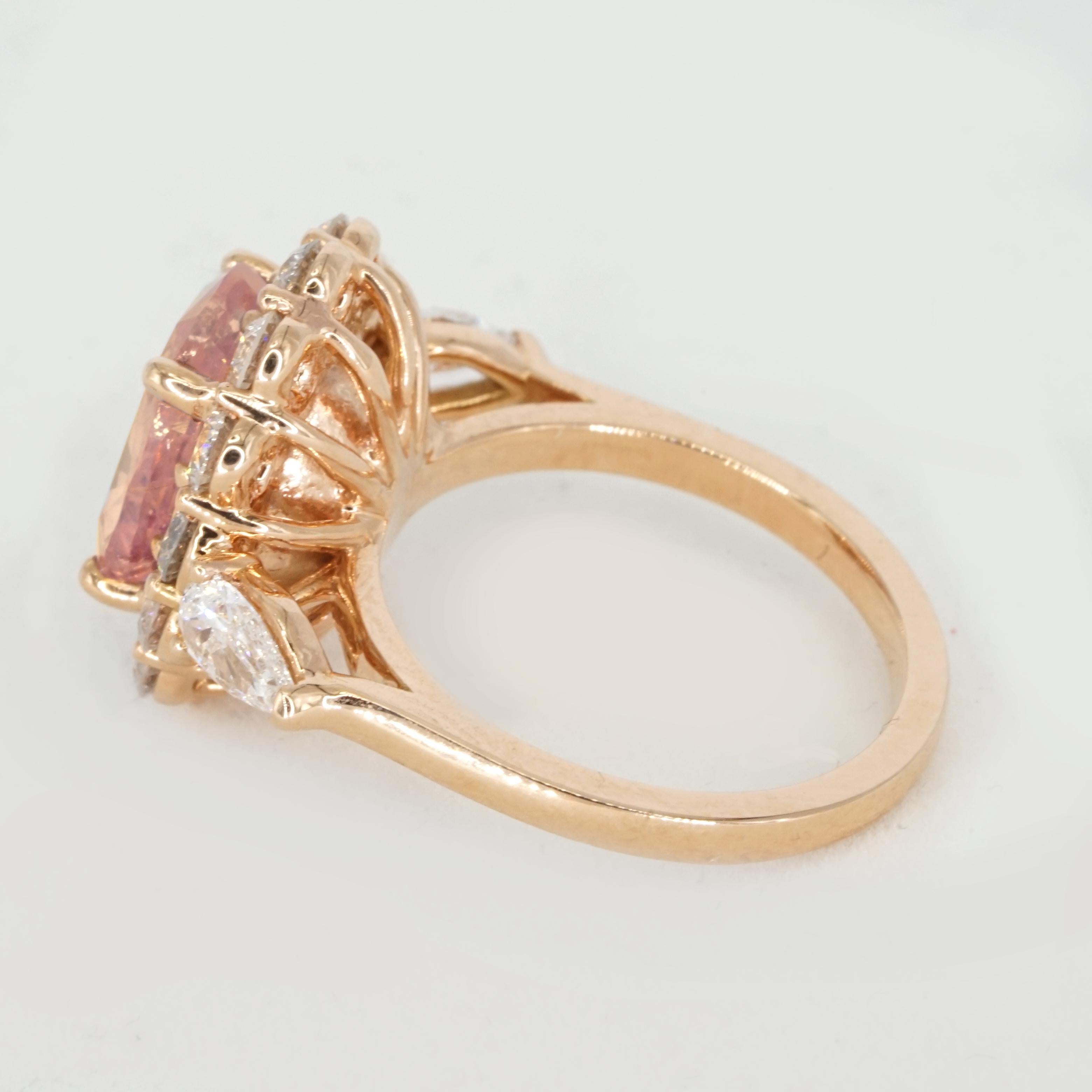 Contemporary Certified 4 Carat Padparadscha Sapphire Oval Diamond Ring No Heat For Sale