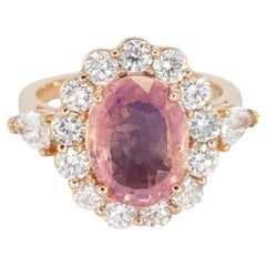 Anillo de diamantes ovalado con zafiro Padparadscha certificado de 4 quilates sin calor