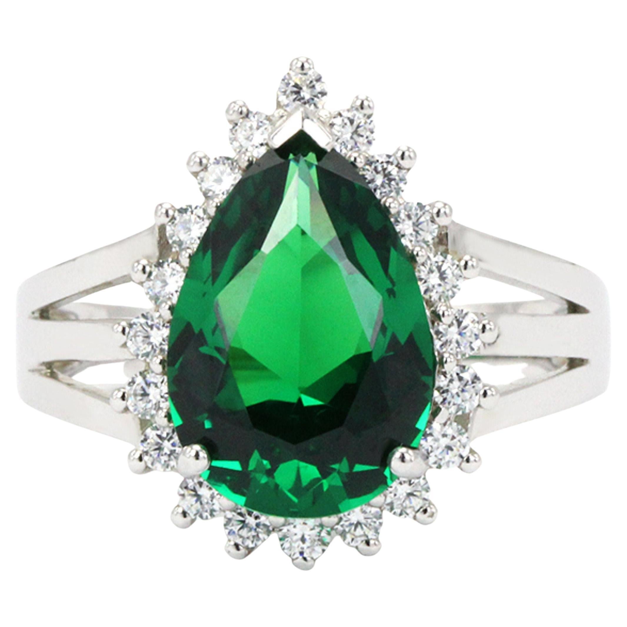 Certified 4 Carat Pear Cut Emerald Engagement Ring Art Deco Diamond Wedding Ring