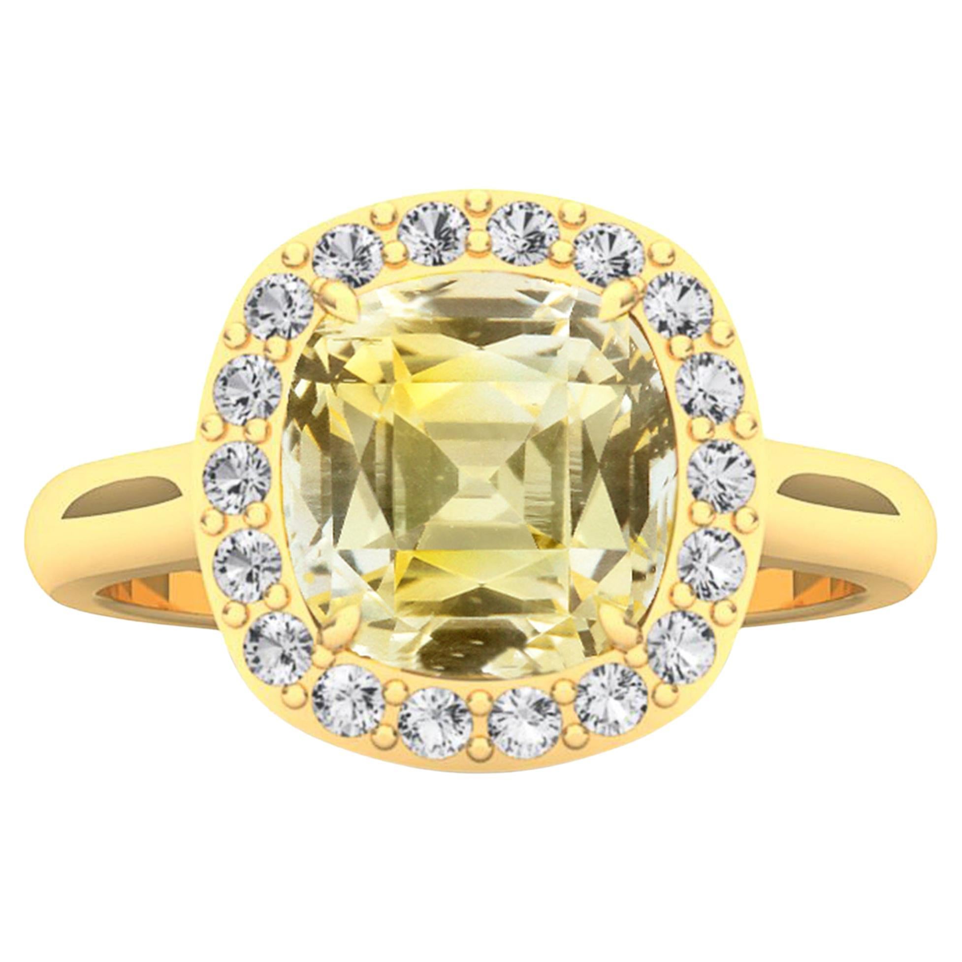 Certified 4 Carat Yellow Sapphire & Diamond Halo Ring 'Natural & Untreated' For Sale