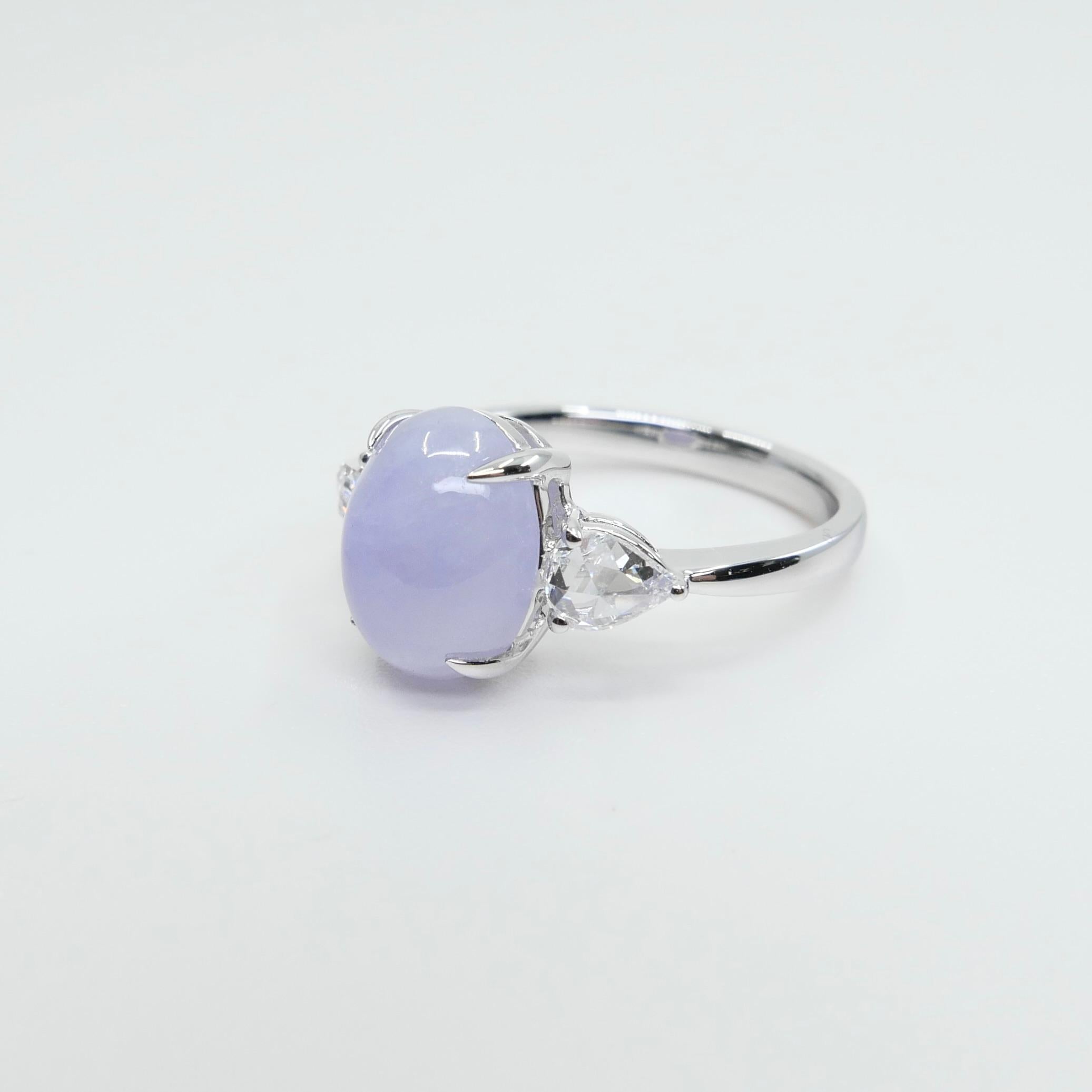 Certified 4.01 Carats Lavender Jade & Rose Cut Pear Shaped Diamond 3 Stone Ring For Sale 4