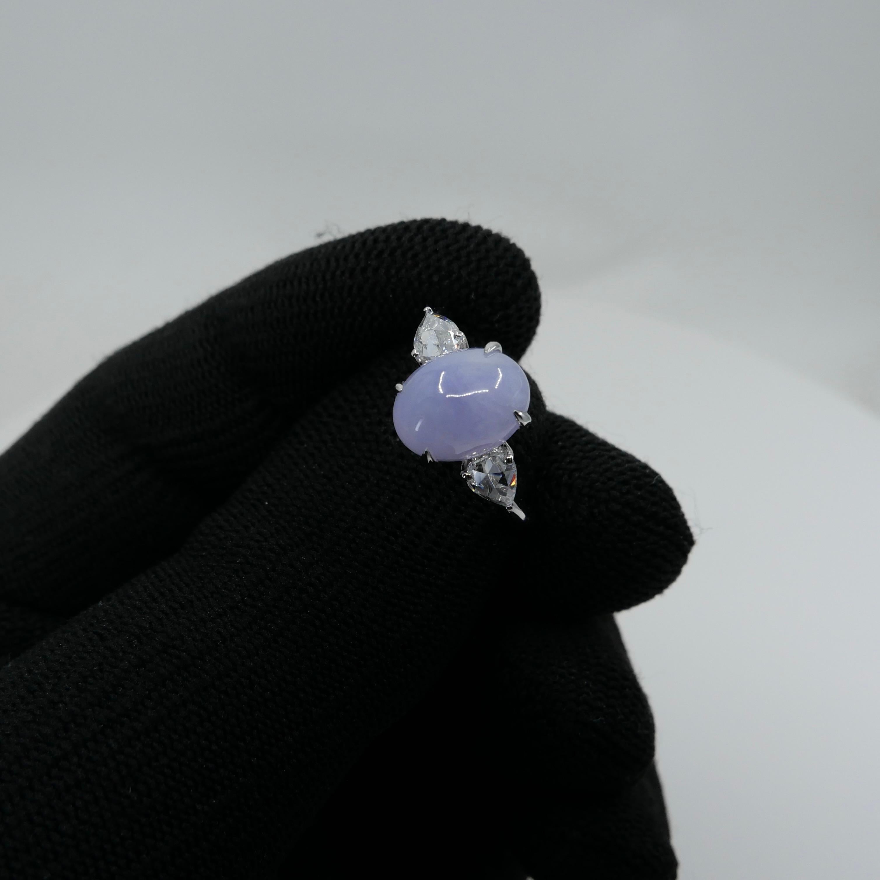 Certified 4.01 Carats Lavender Jade & Rose Cut Pear Shaped Diamond 3 Stone Ring For Sale 5