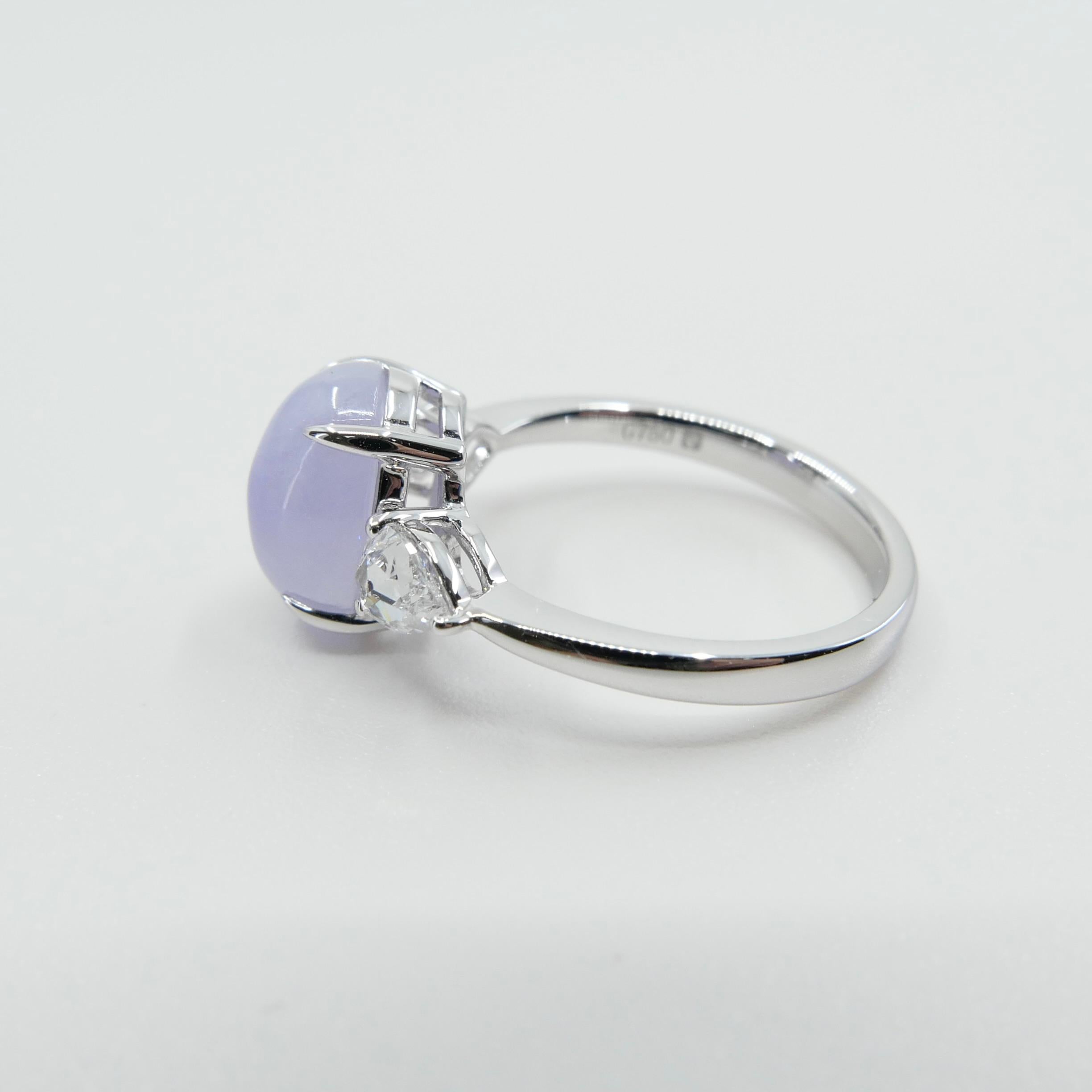 Certified 4.01 Carats Lavender Jade & Rose Cut Pear Shaped Diamond 3 Stone Ring For Sale 6