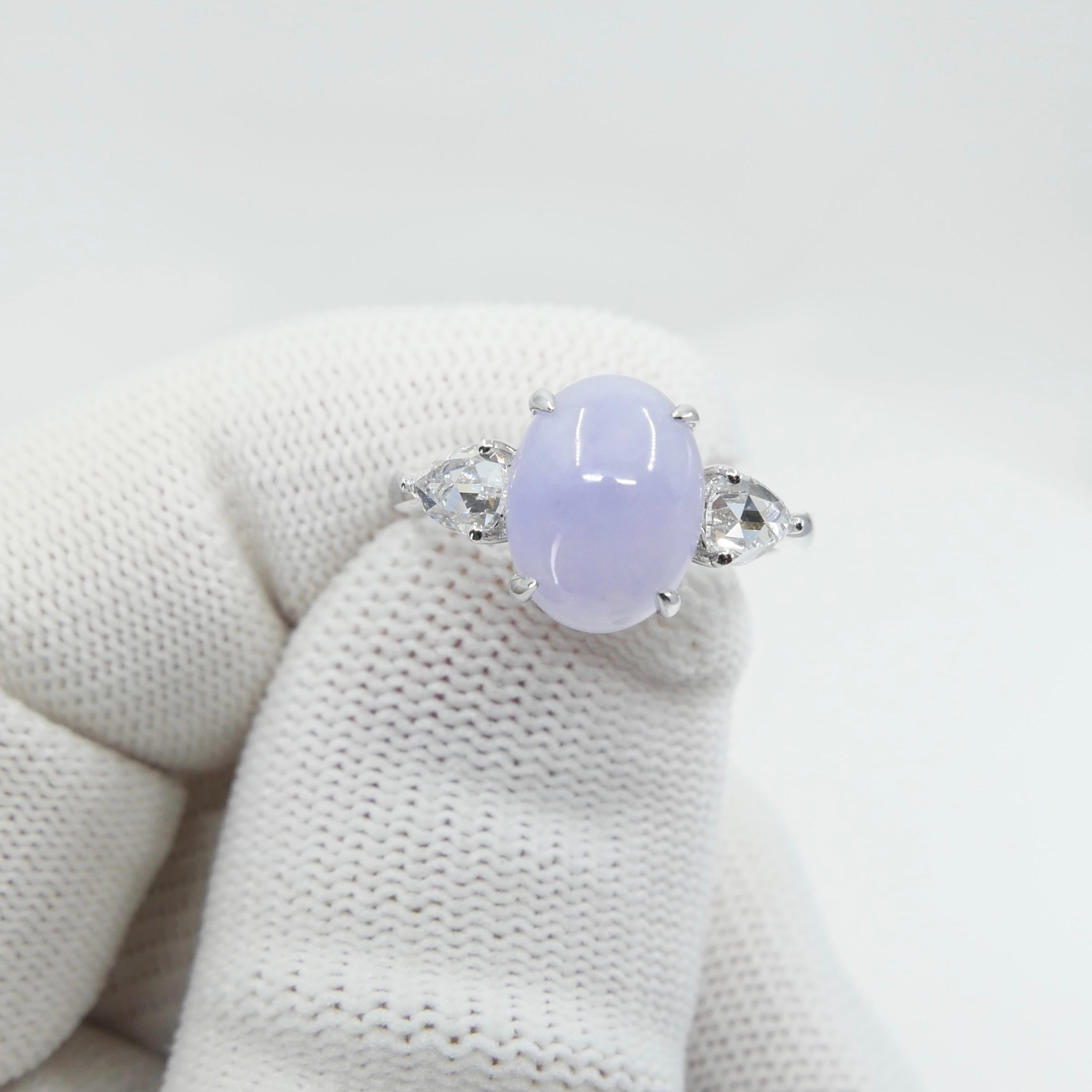 Certified 4.01 Carats Lavender Jade & Rose Cut Pear Shaped Diamond 3 Stone Ring For Sale 7