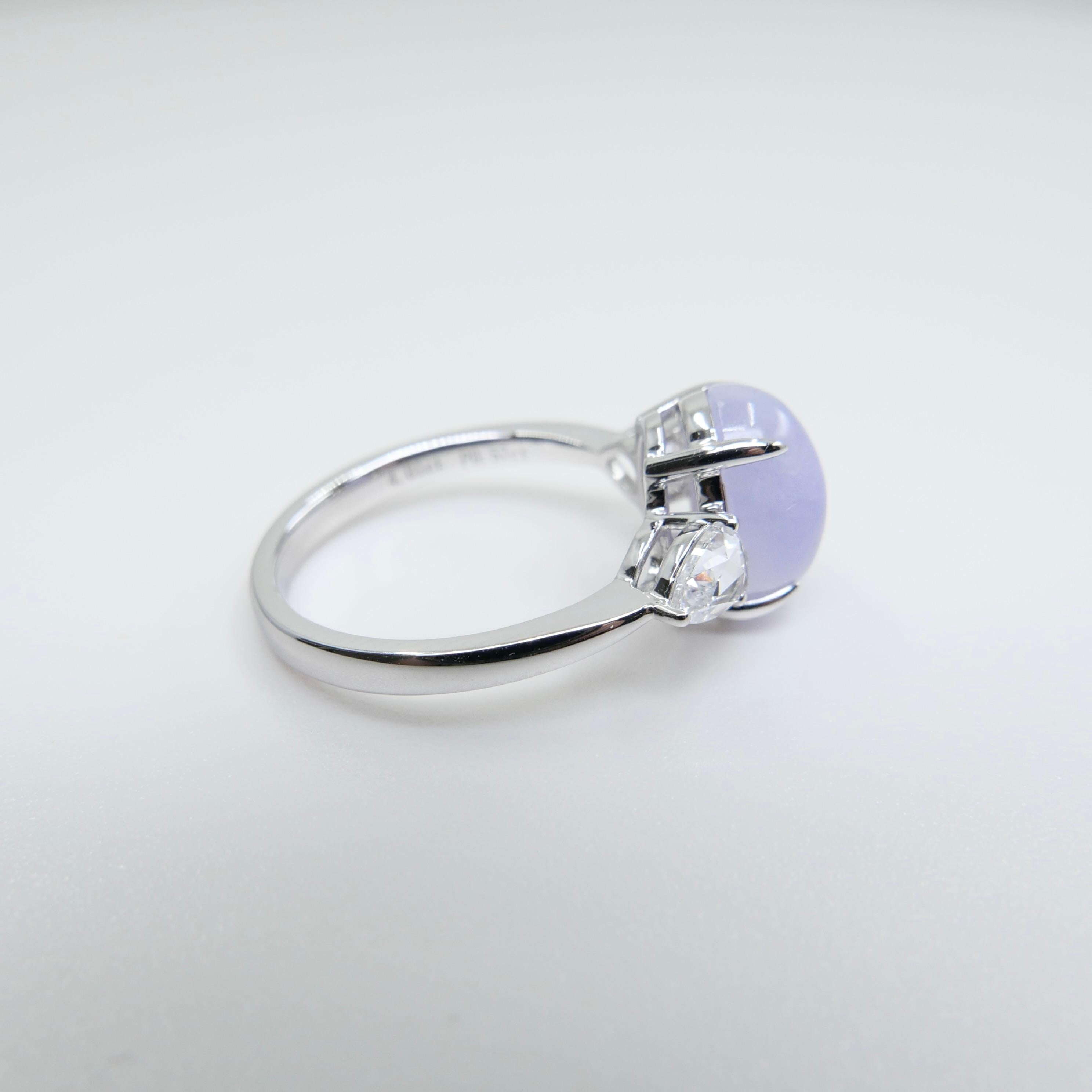 Certified 4.01 Carats Lavender Jade & Rose Cut Pear Shaped Diamond 3 Stone Ring For Sale 8