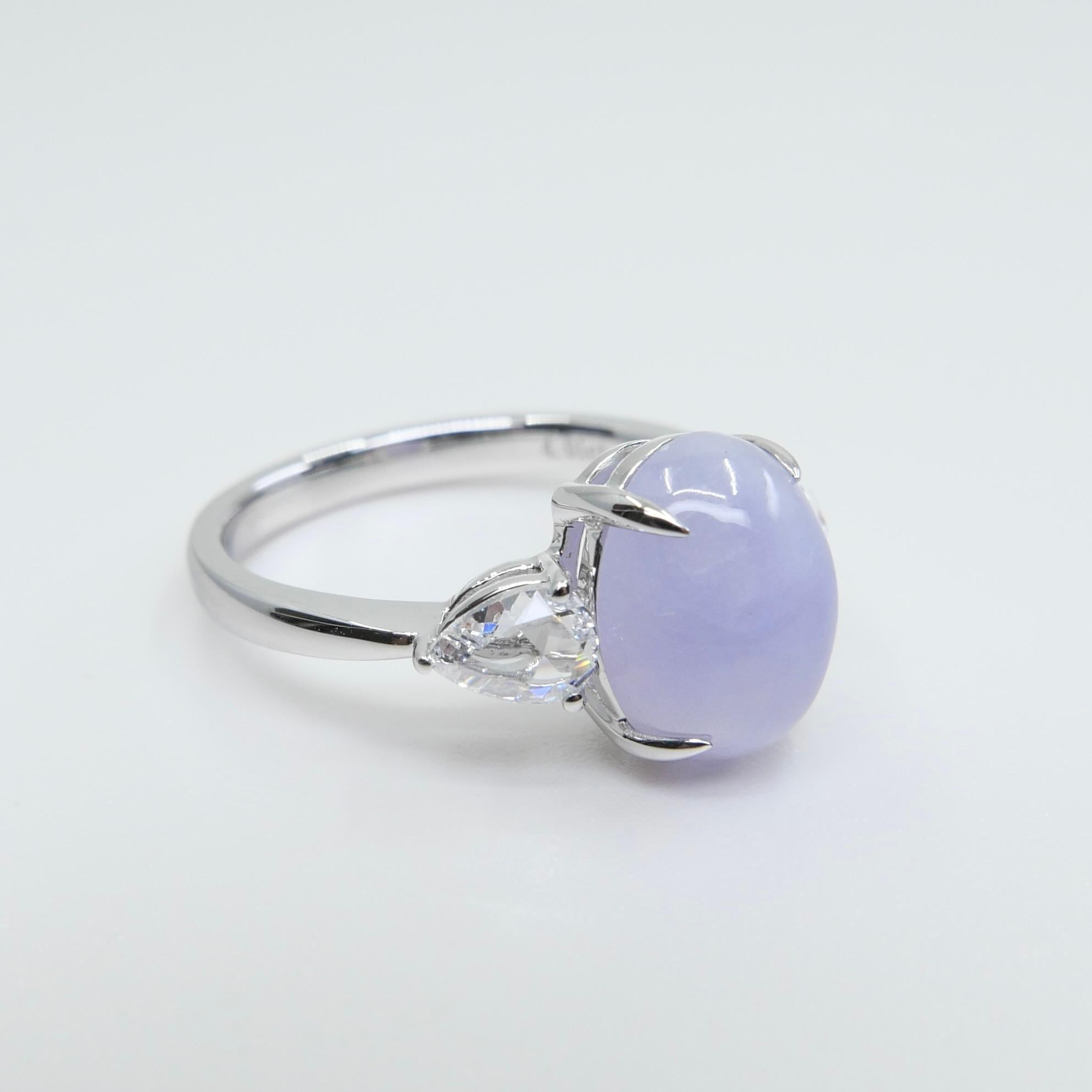 Certified 4.01 Carats Lavender Jade & Rose Cut Pear Shaped Diamond 3 Stone Ring For Sale 10