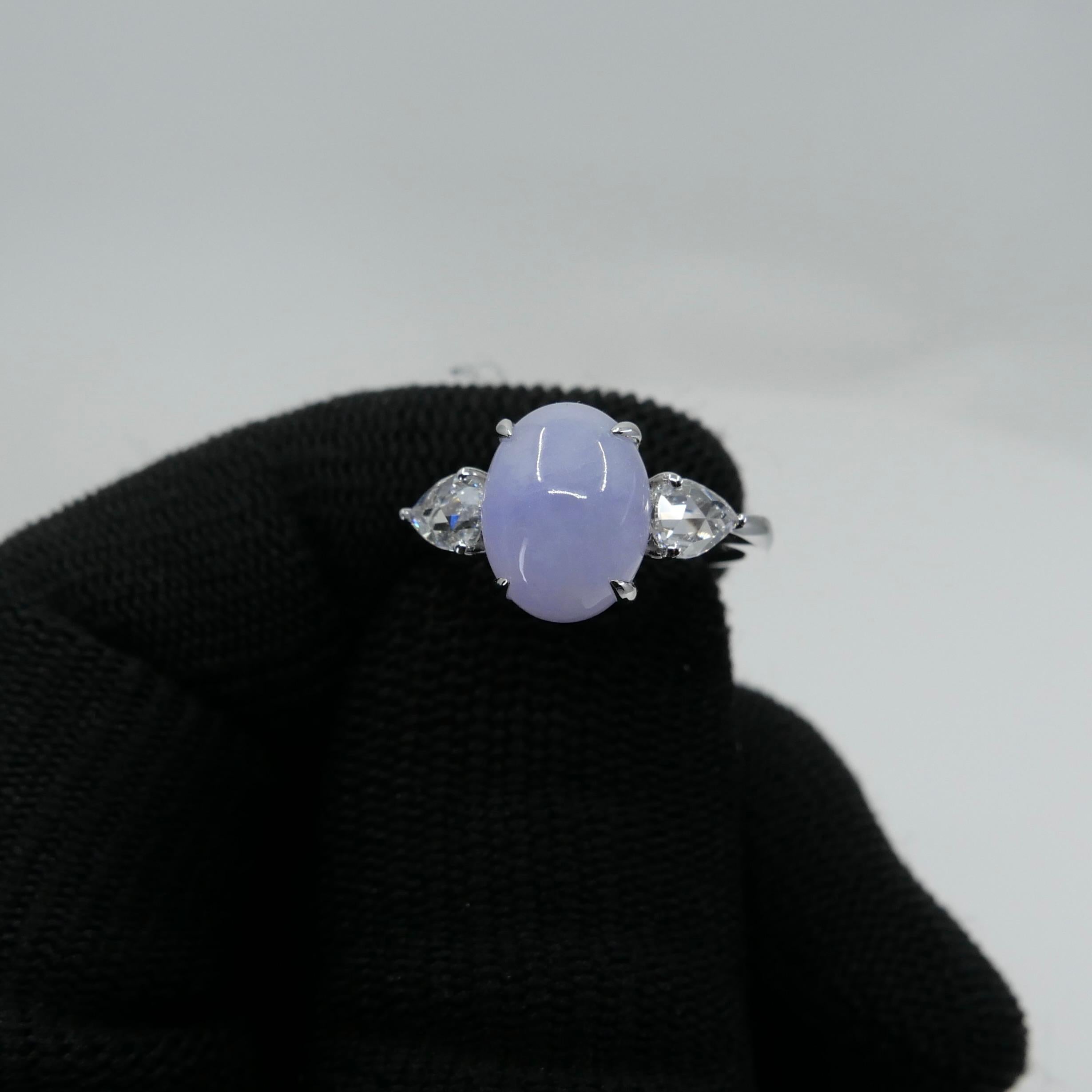 Cabochon Certified 4.01 Carats Lavender Jade & Rose Cut Pear Shaped Diamond 3 Stone Ring For Sale