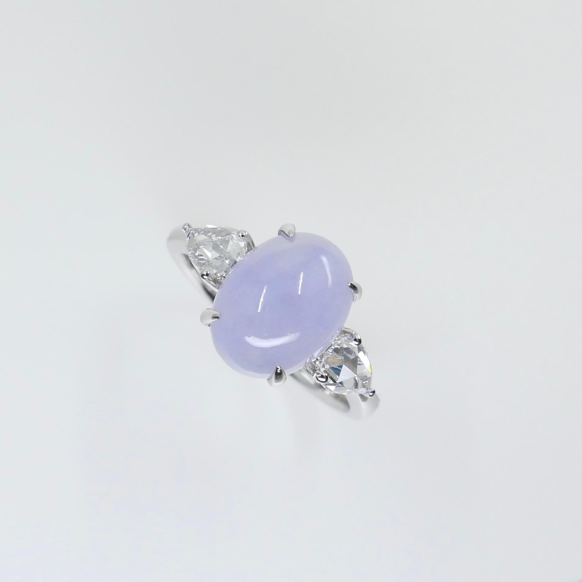 Certified 4.01 Carats Lavender Jade & Rose Cut Pear Shaped Diamond 3 Stone Ring In New Condition For Sale In Hong Kong, HK