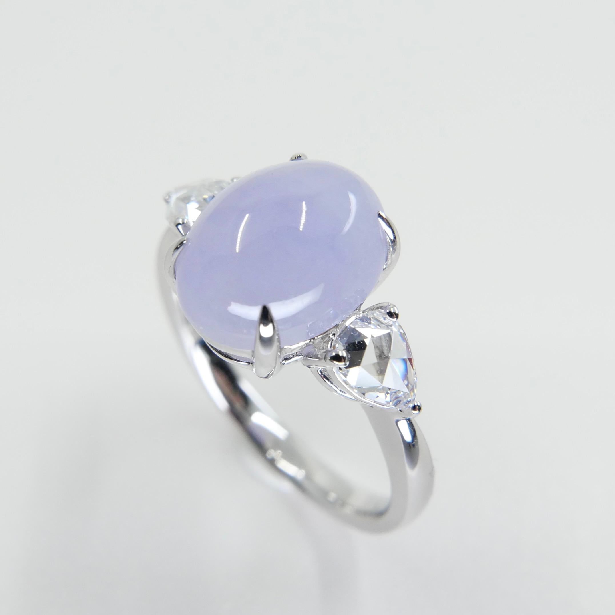 Women's Certified 4.01 Carats Lavender Jade & Rose Cut Pear Shaped Diamond 3 Stone Ring For Sale