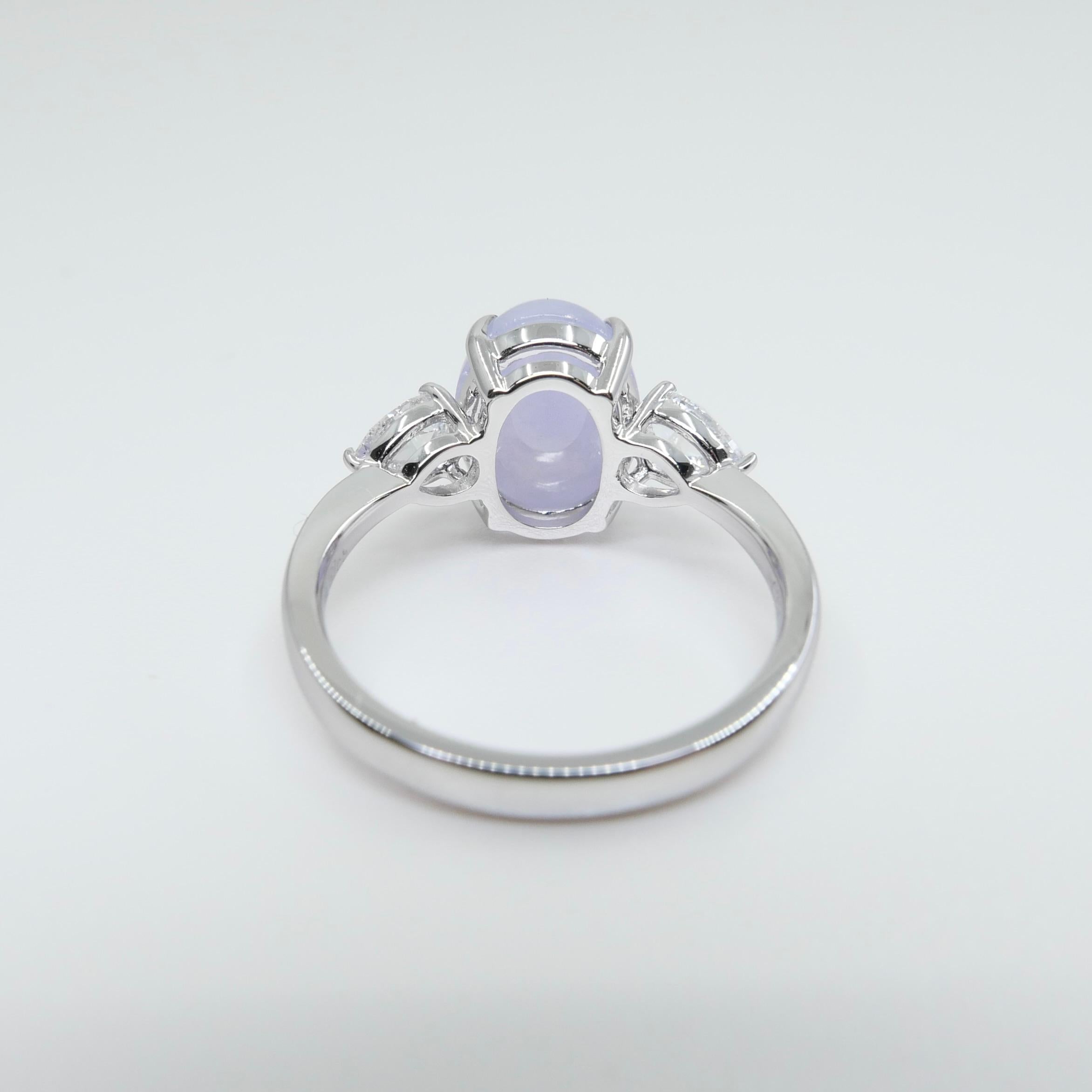 Certified 4.01 Carats Lavender Jade & Rose Cut Pear Shaped Diamond 3 Stone Ring For Sale 1