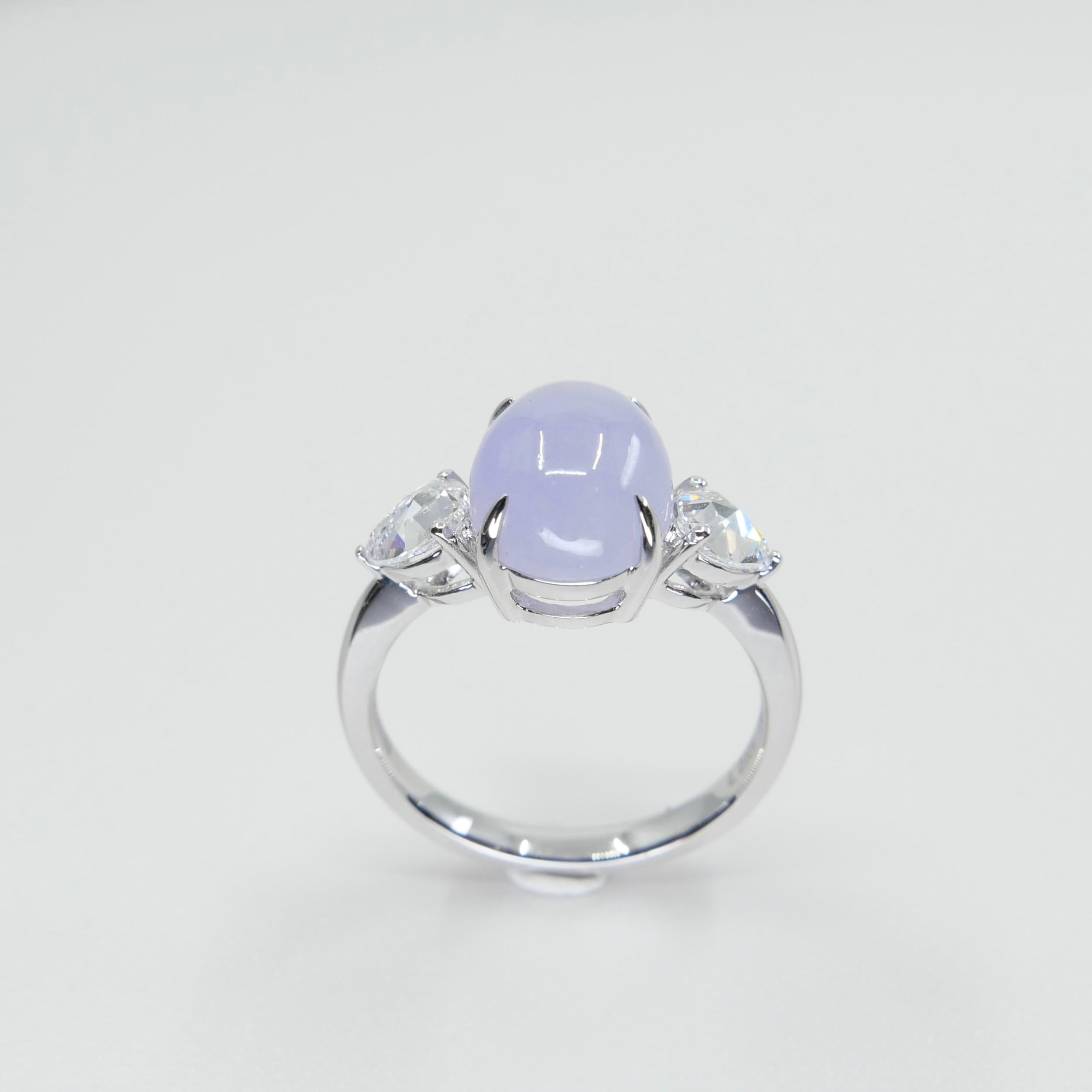 Certified 4.01 Carats Lavender Jade & Rose Cut Pear Shaped Diamond 3 Stone Ring For Sale 2