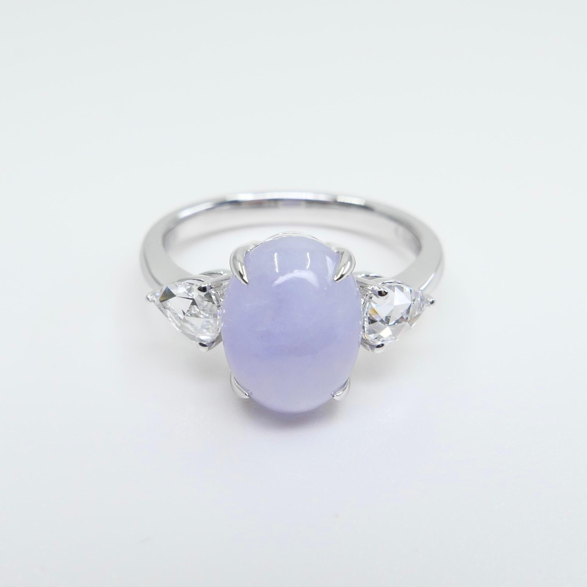 Certified 4.01 Carats Lavender Jade & Rose Cut Pear Shaped Diamond 3 Stone Ring For Sale 3