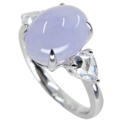 Certified 4.01Cts Lavender Jade & Rose Cut Pear Shaped Diamond 3 Stone Ring