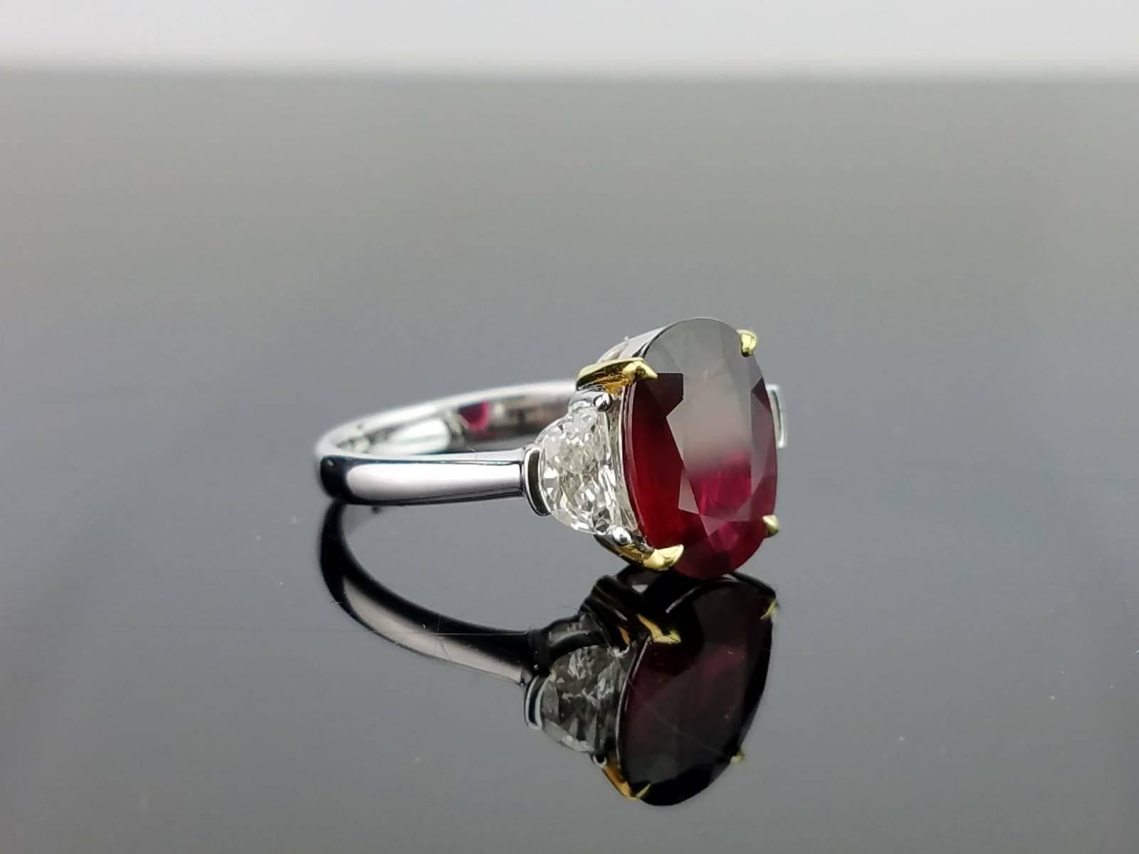 Art Deco Certified 4.02 Carat No Heat Mozambique Ruby and Diamond Three-Stone Ring