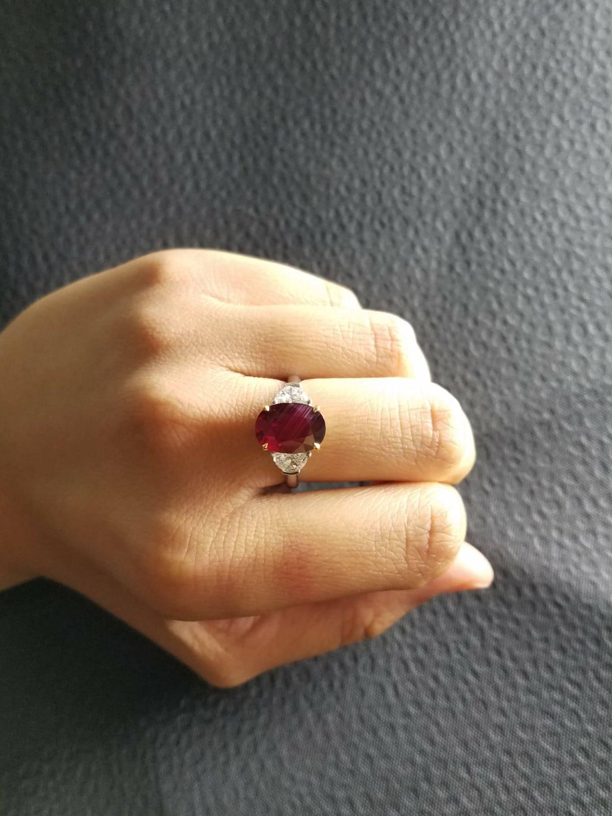 Women's Certified 4.02 Carat No Heat Mozambique Ruby and Diamond Three-Stone Ring
