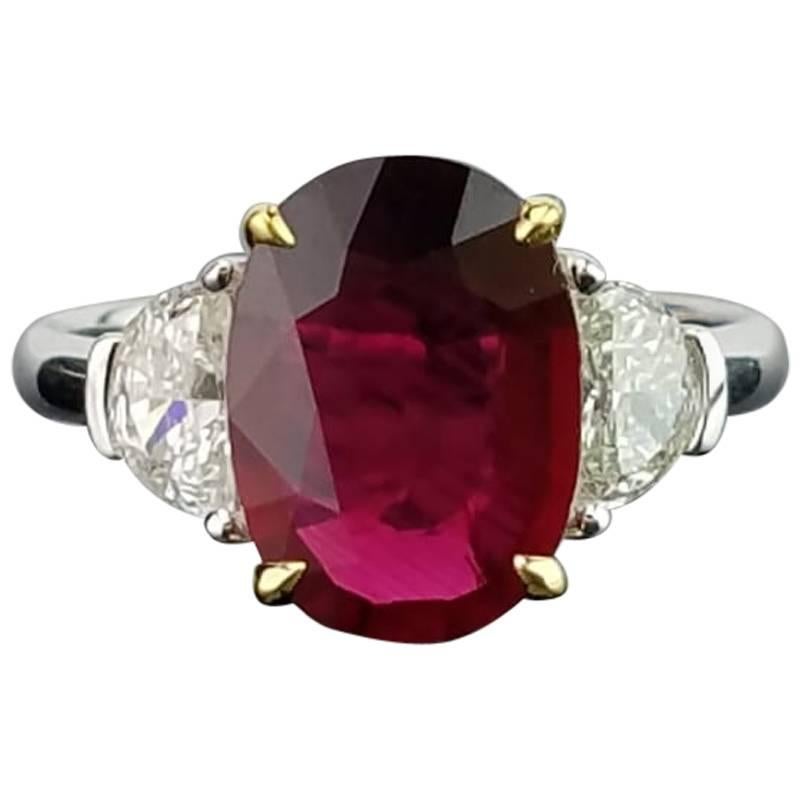 Certified 4.02 Carat No Heat Mozambique Ruby and Diamond Three-Stone Ring