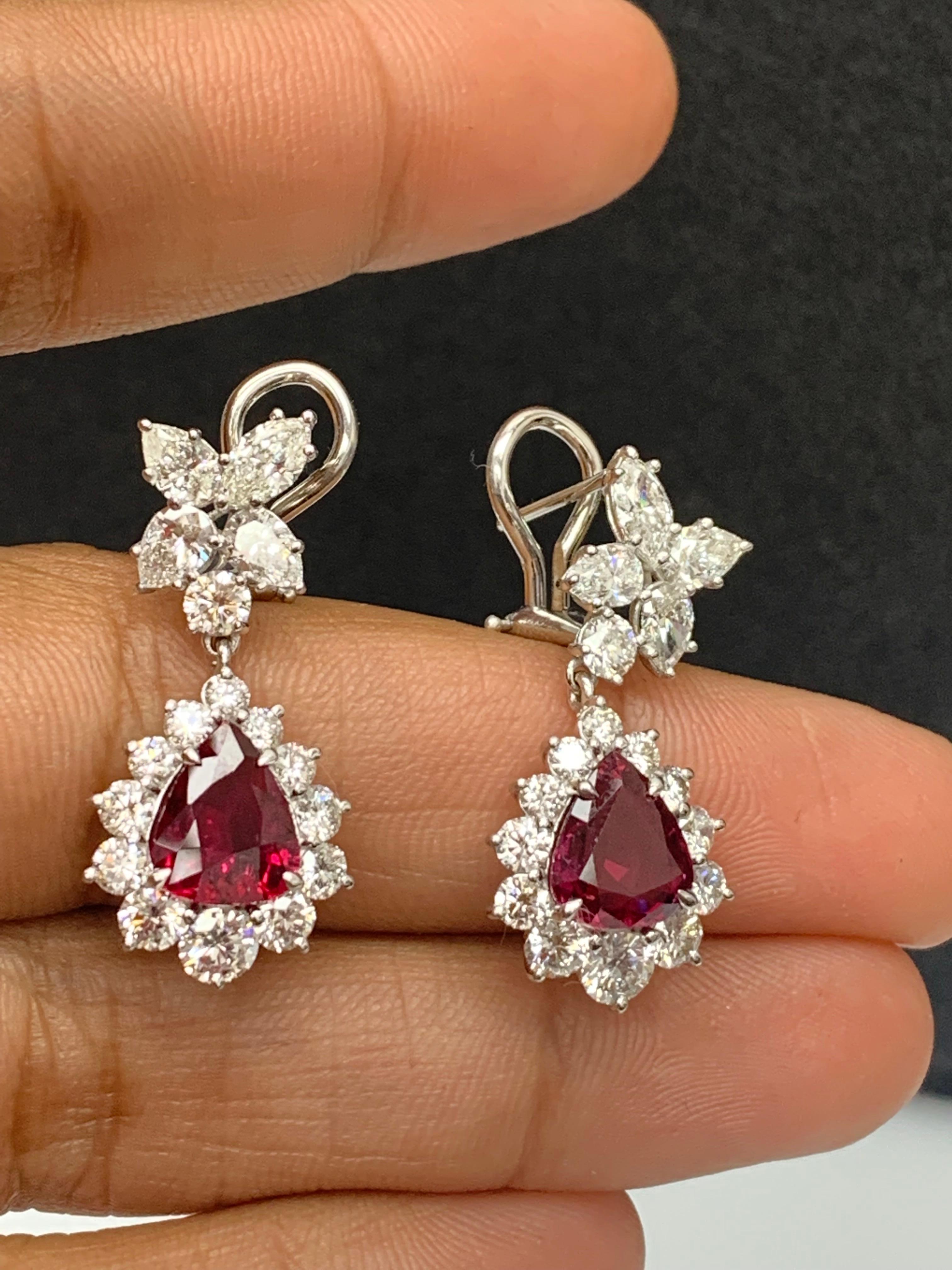 Certified 4.02 Carat Pear Shape Rubies & Diamond Drop Earrings in 18K White Gold For Sale 5