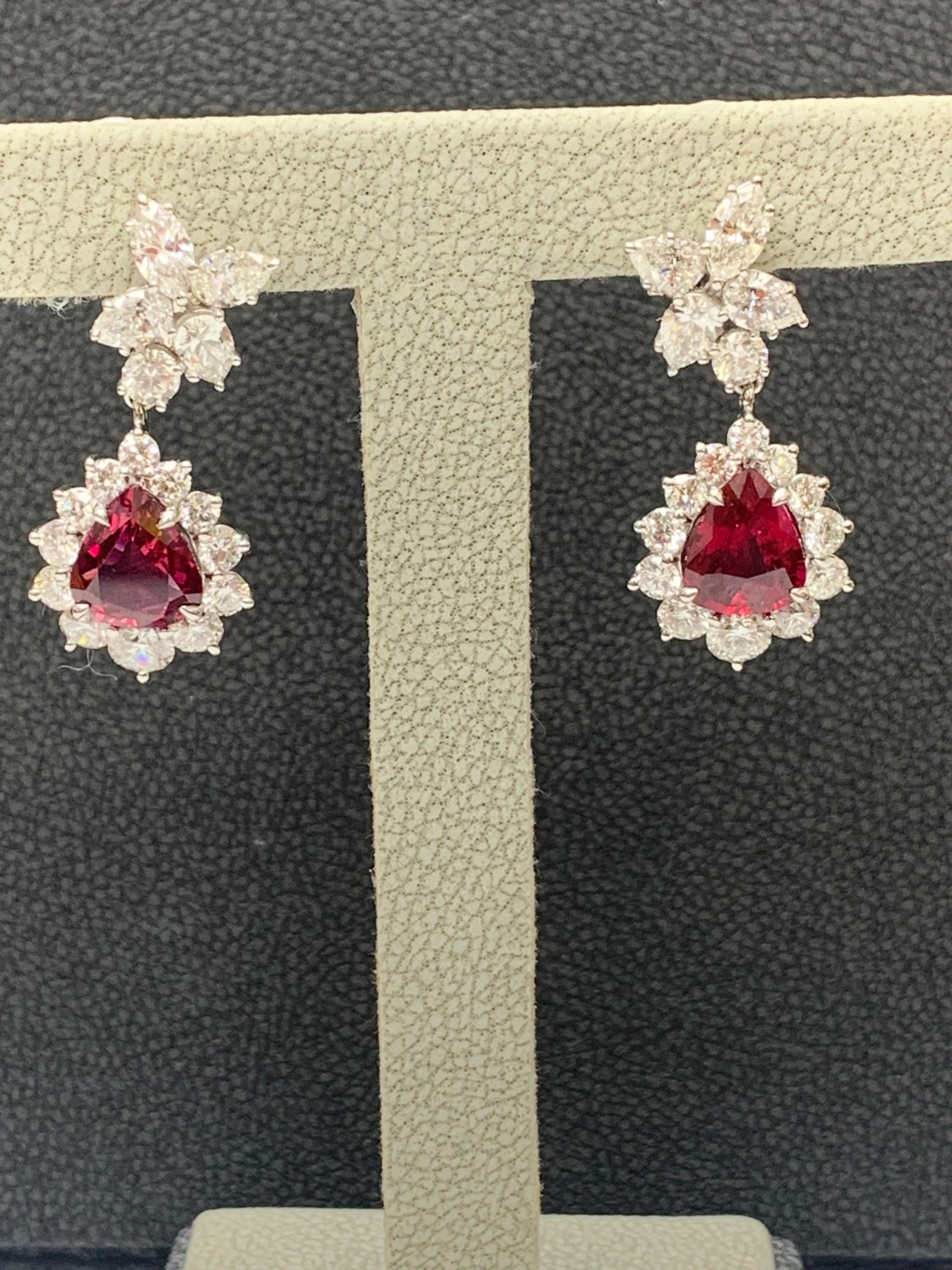 Contemporary Certified 4.02 Carat Pear Shape Rubies & Diamond Drop Earrings in 18K White Gold For Sale