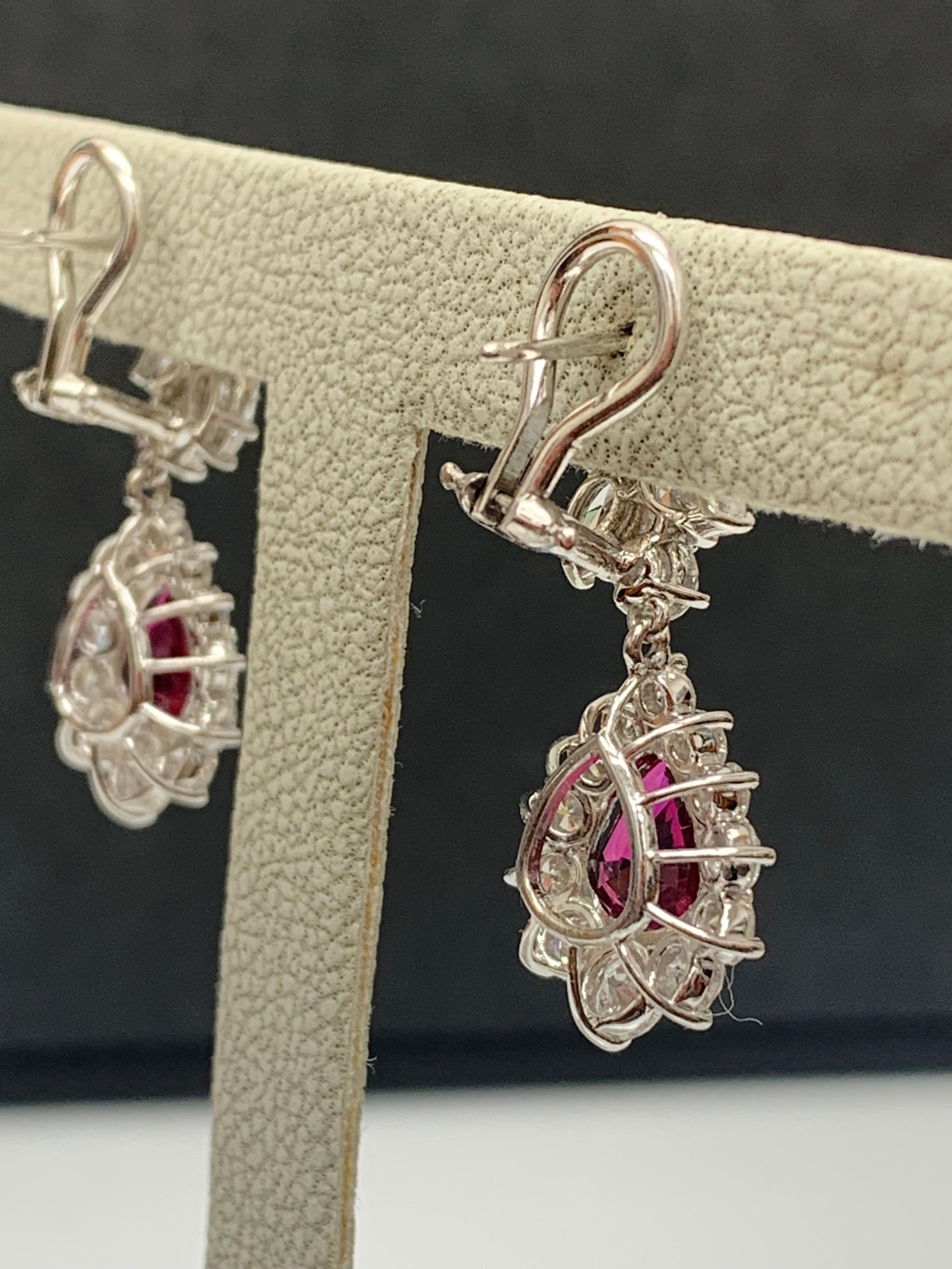 Women's Certified 4.02 Carat Pear Shape Rubies & Diamond Drop Earrings in 18K White Gold For Sale