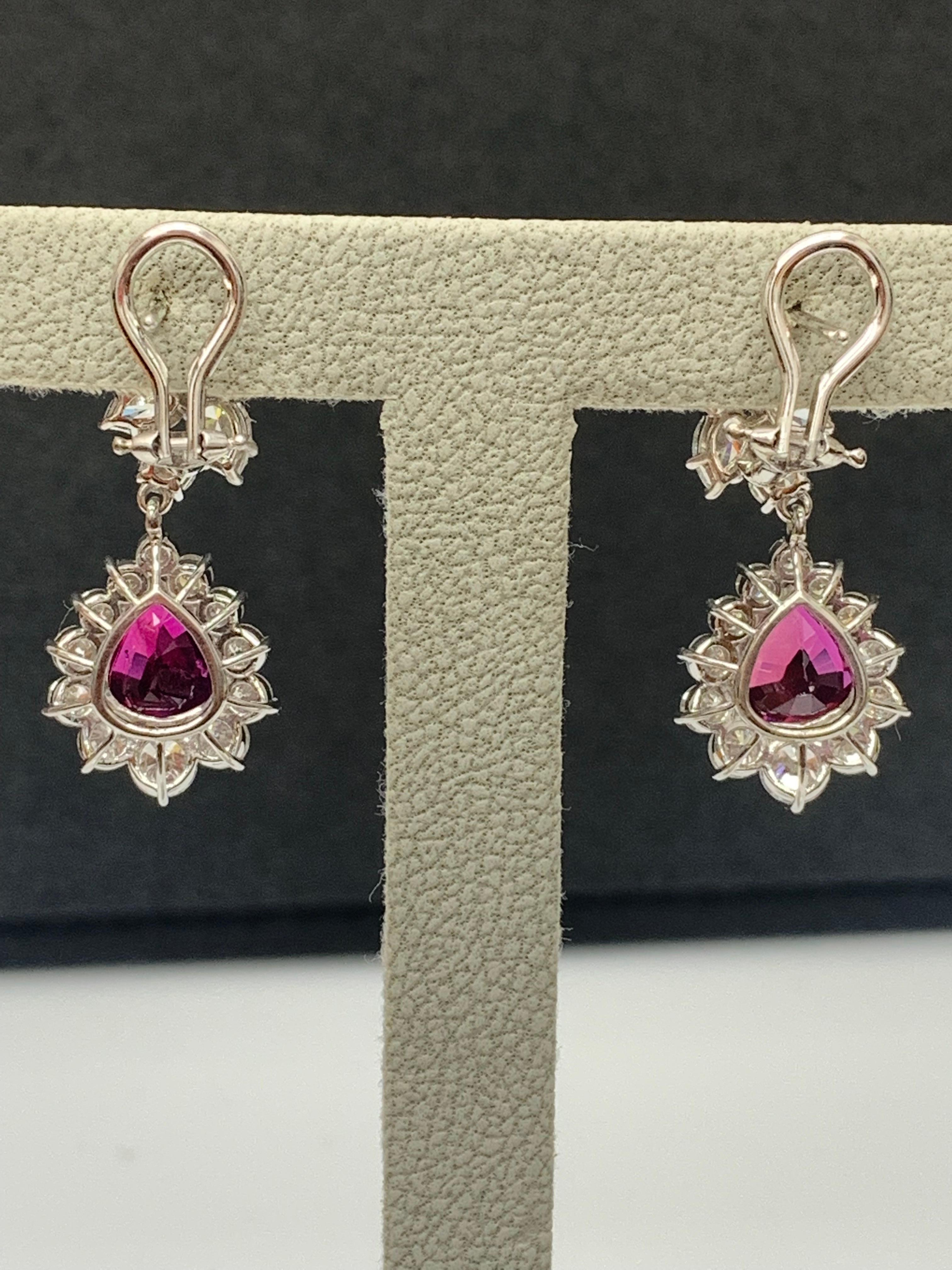 Certified 4.02 Carat Pear Shape Rubies & Diamond Drop Earrings in 18K White Gold For Sale 1