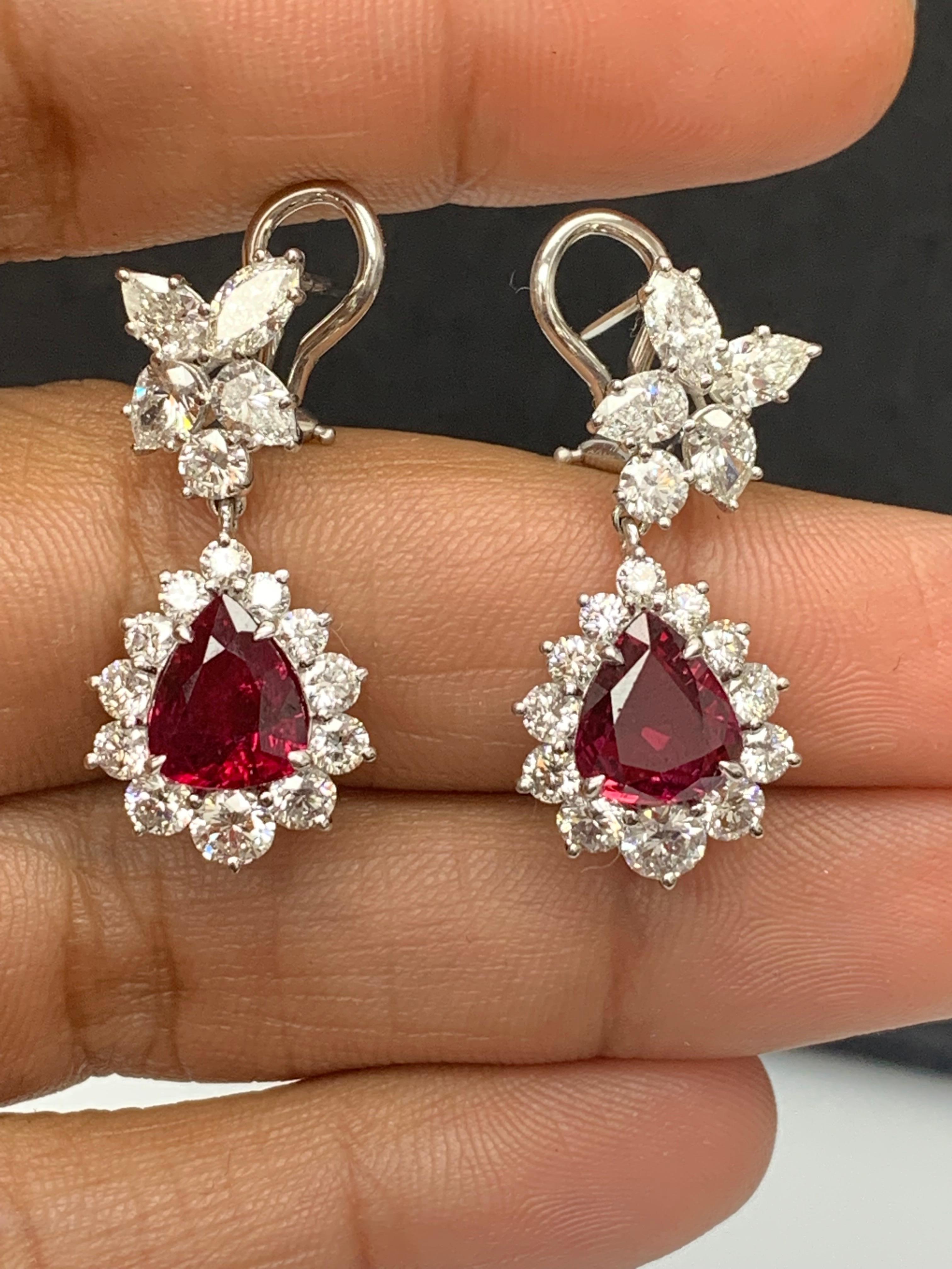 Certified 4.02 Carat Pear Shape Rubies & Diamond Drop Earrings in 18K White Gold For Sale 2