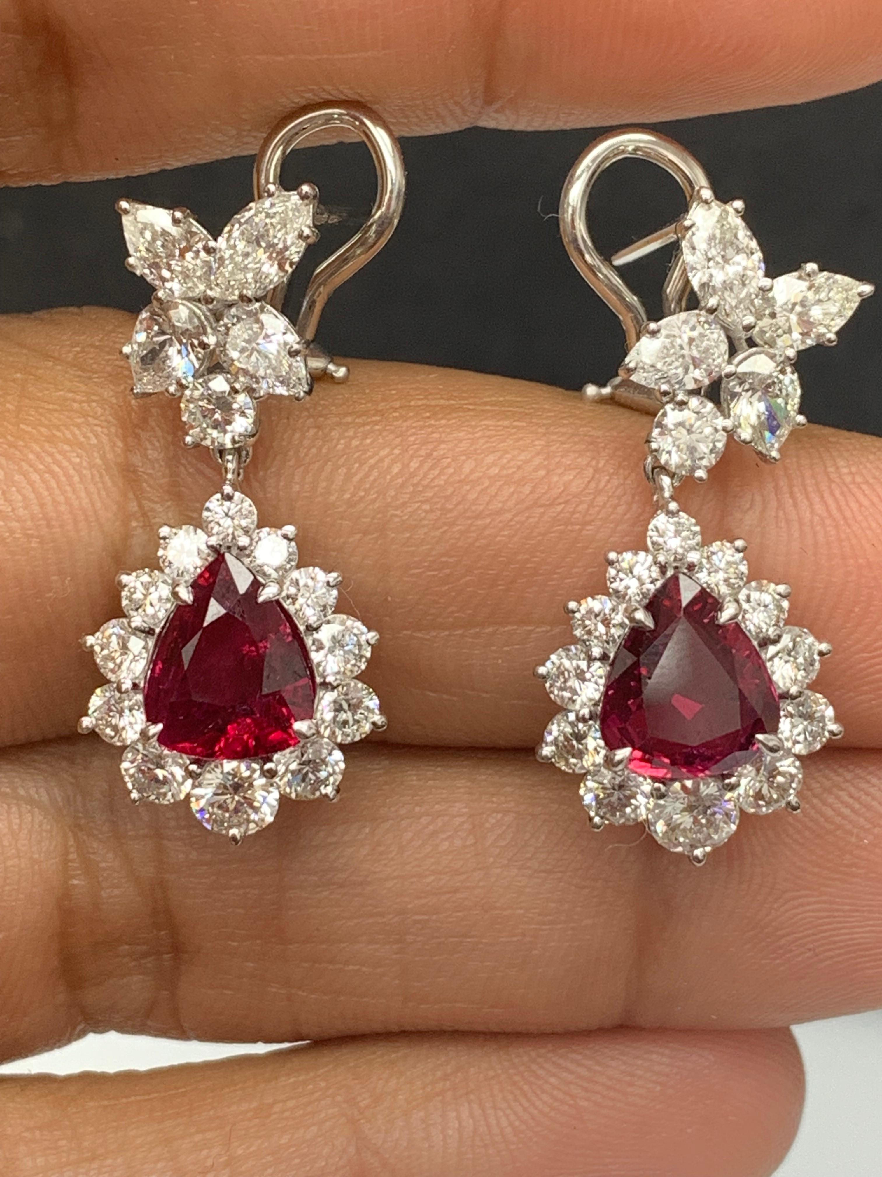 Certified 4.02 Carat Pear Shape Rubies & Diamond Drop Earrings in 18K White Gold For Sale 3