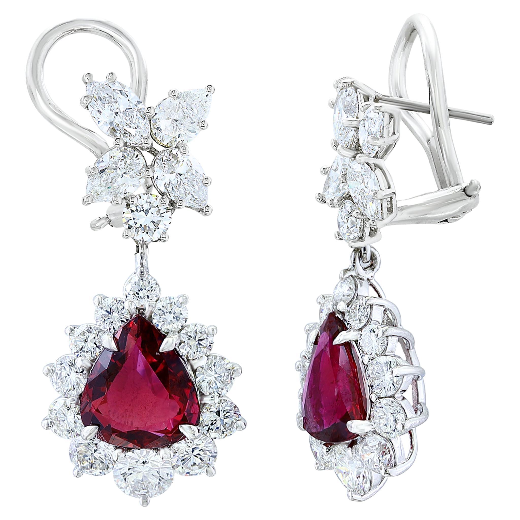 Certified 4.02 Carat Pear Shape Rubies & Diamond Drop Earrings in 18K White Gold For Sale