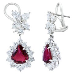 Certified 4.02 Carat Pear Shape Rubies & Diamond Drop Earrings in 18K White Gold