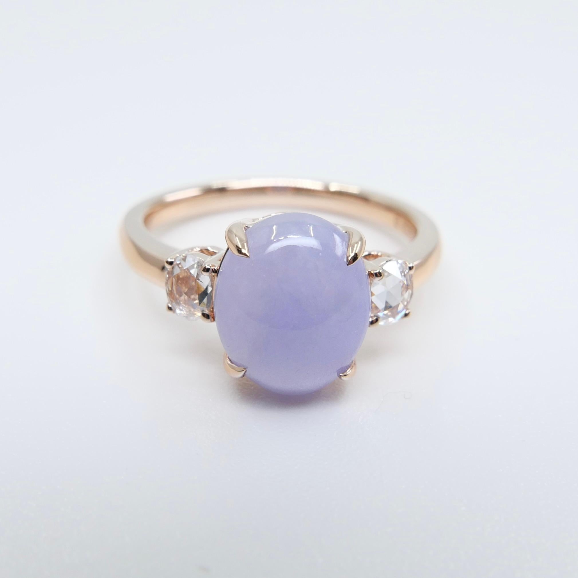 Certified 3.48cts Lavender Jade & Rose Cut Diamond 3 Stone Ring, 18k Rose Gold For Sale 1