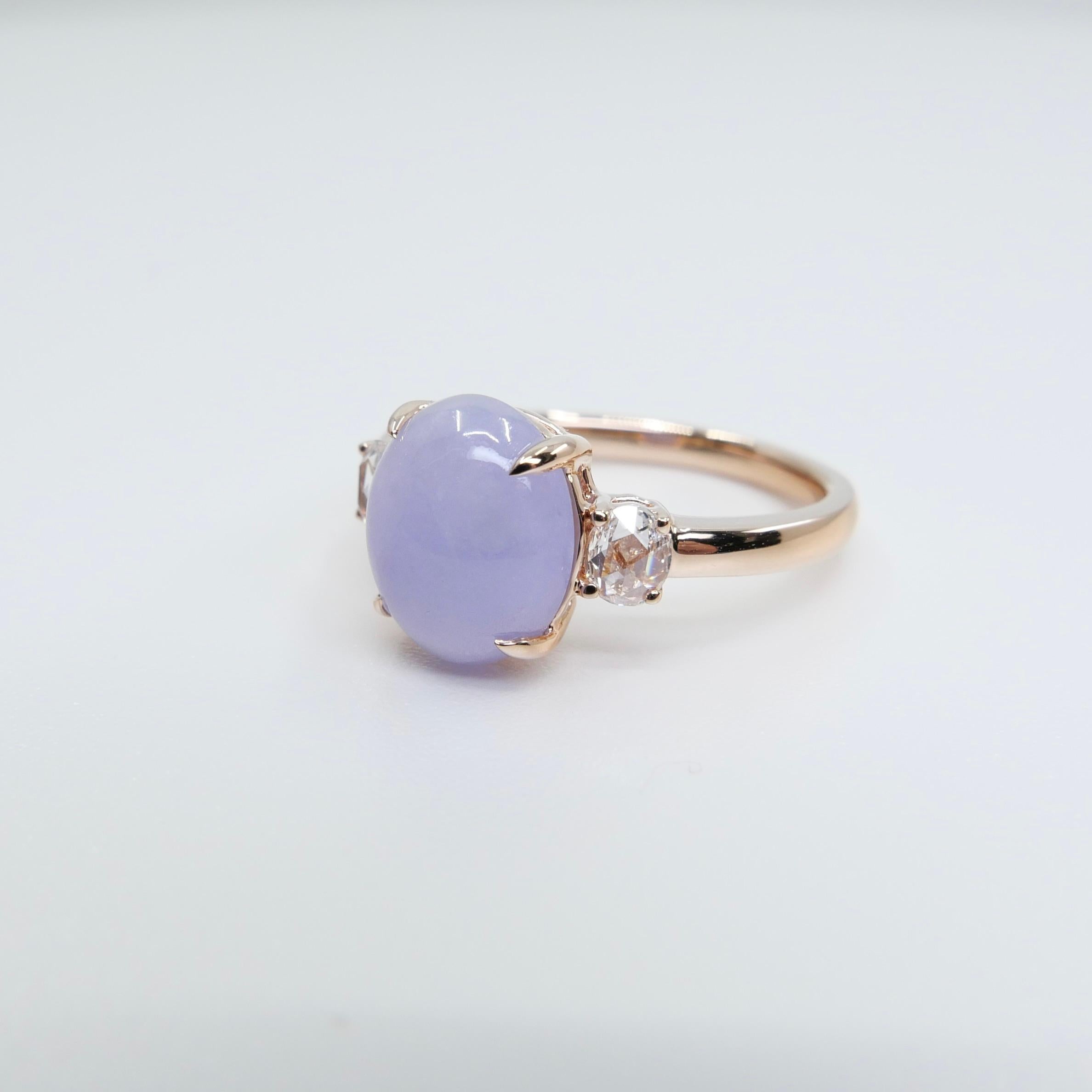 Certified 3.48cts Lavender Jade & Rose Cut Diamond 3 Stone Ring, 18k Rose Gold For Sale 3